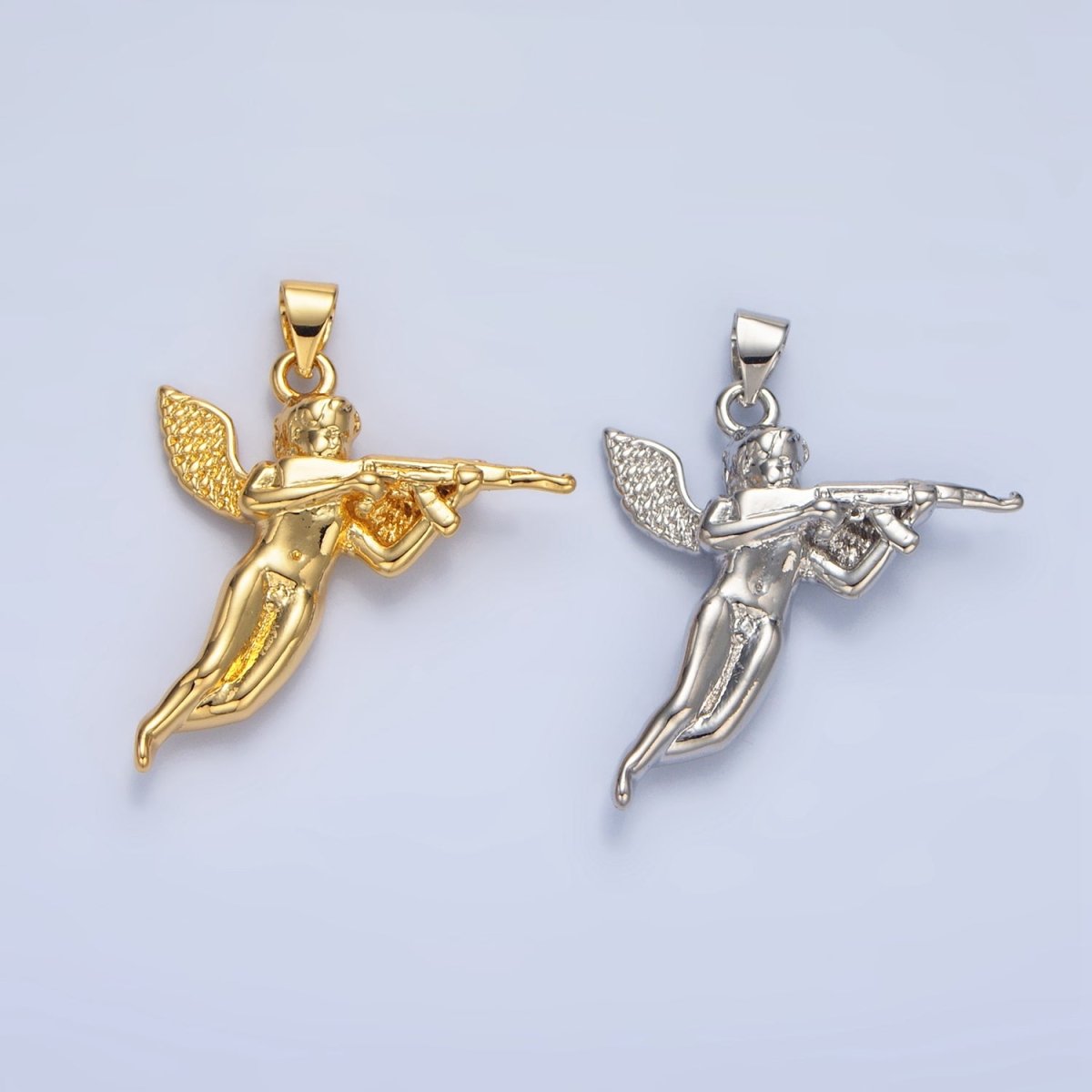 24K Gold Filled Angel with Gun Charm in Gold & Silver for Necklace Pendant | I628