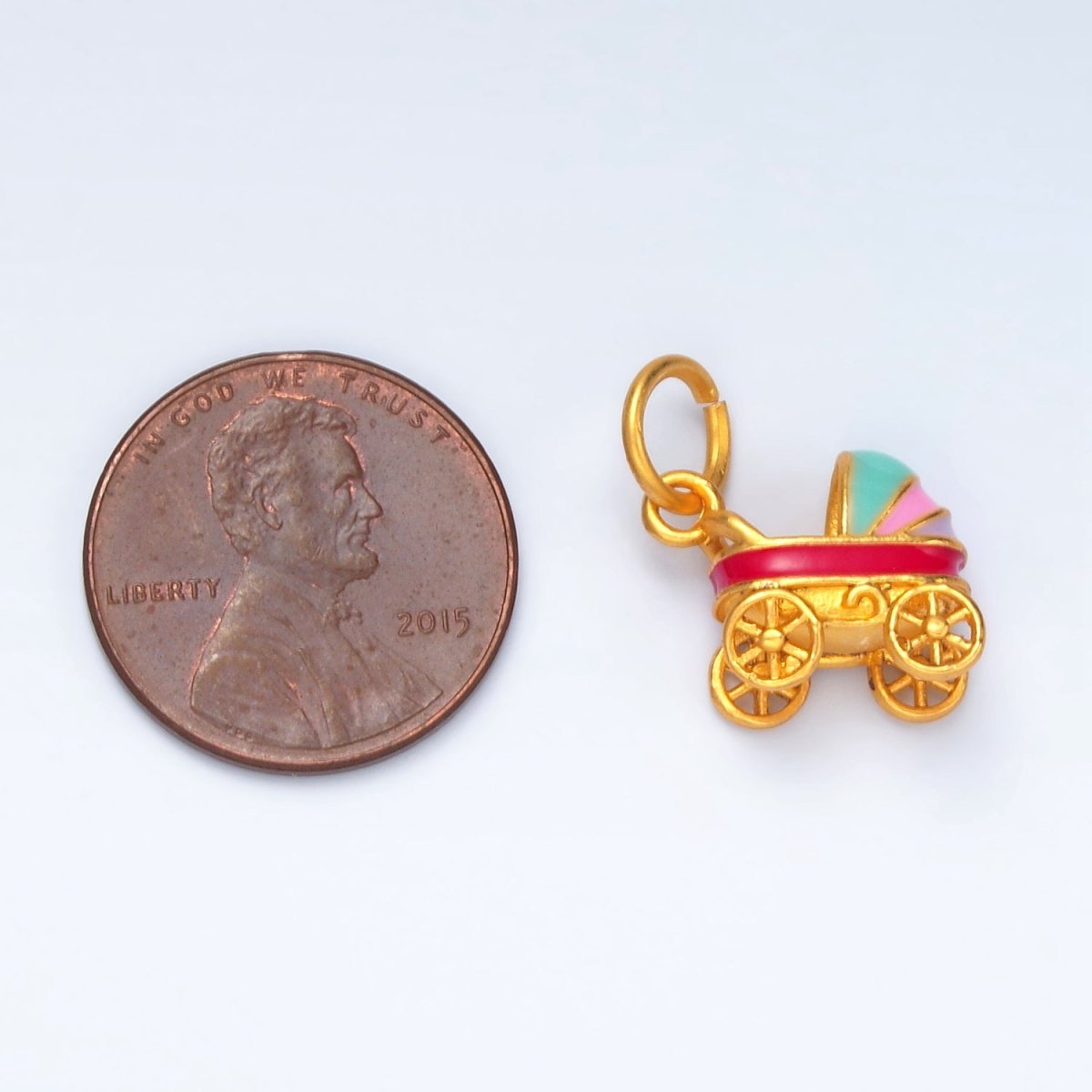 24K Gold Filled Multicolor Enamel Baby Stroller Carriage Mini Charm | M147