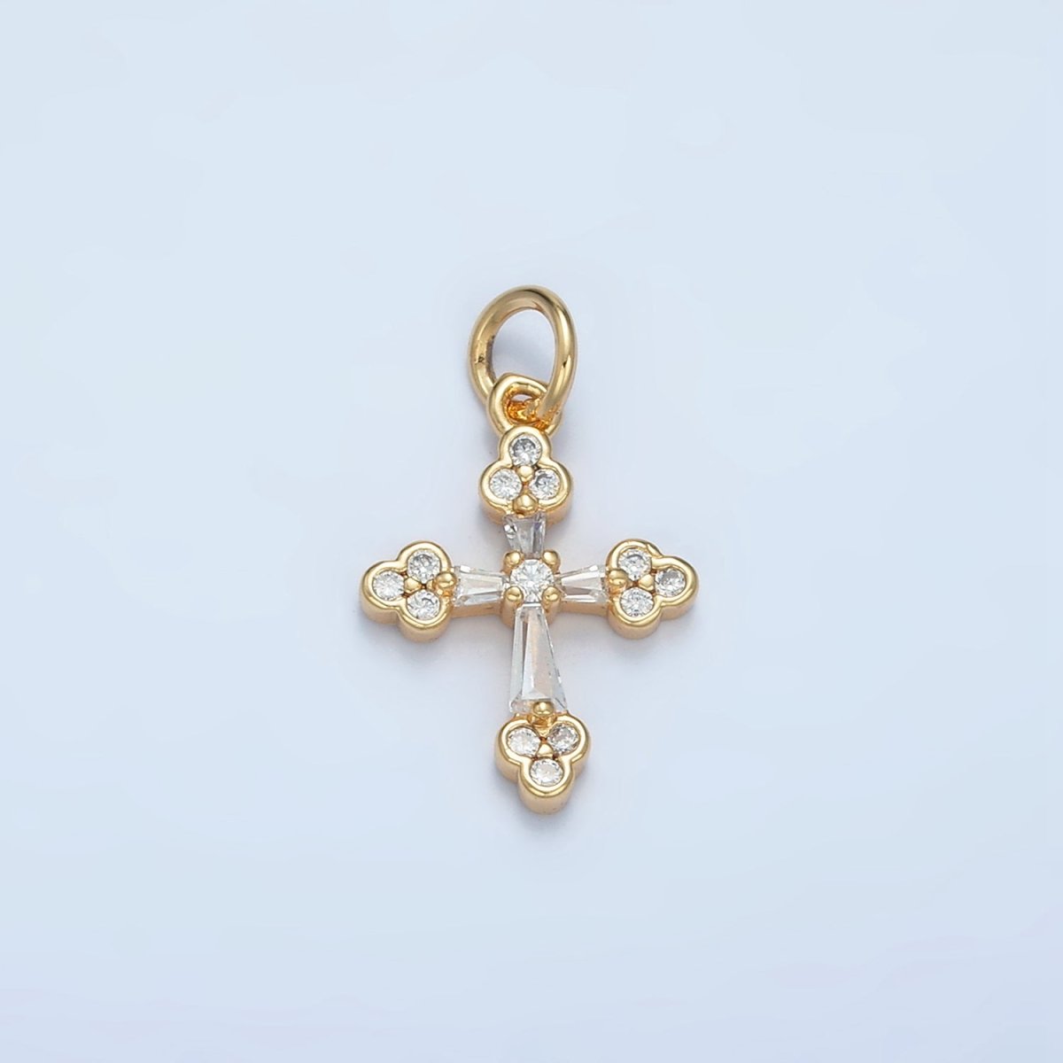 24K Gold Filled Baguette Clear CZ Religious Buttony Cross Charm | E851