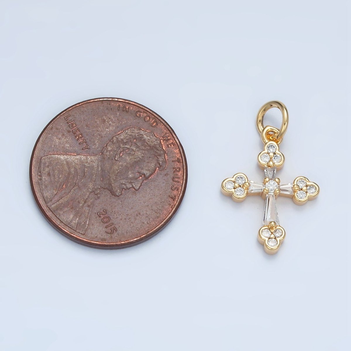 24K Gold Filled Baguette Clear CZ Religious Buttony Cross Charm | E851