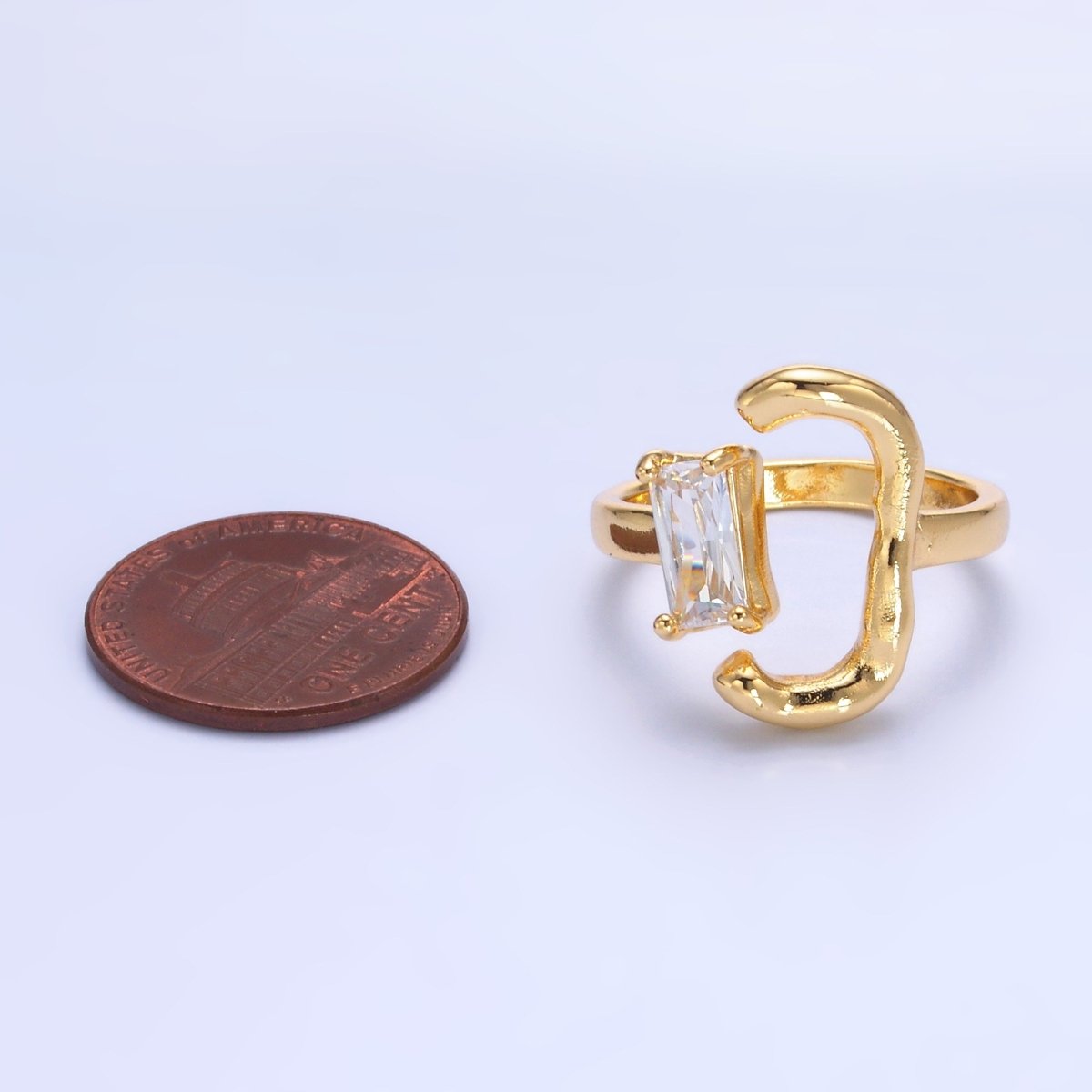 24K Gold Filled Baguette Curved Geometric Open Claw Ring | O838