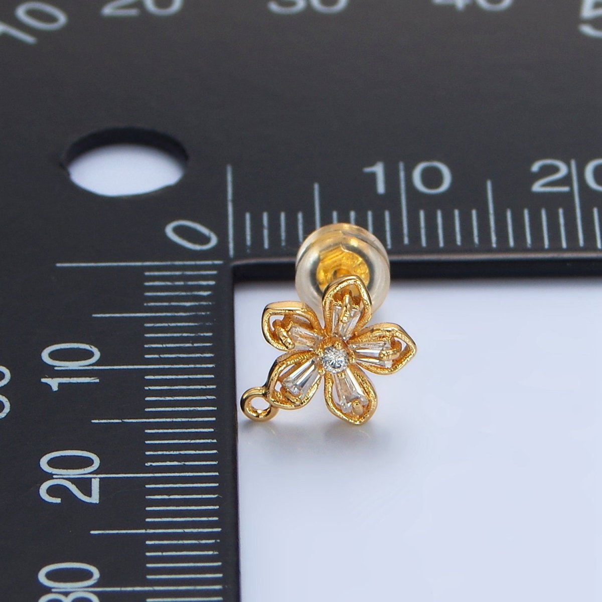 24K Gold Filled Baguette CZ Flower Drop Stud Earring Findings | Z976