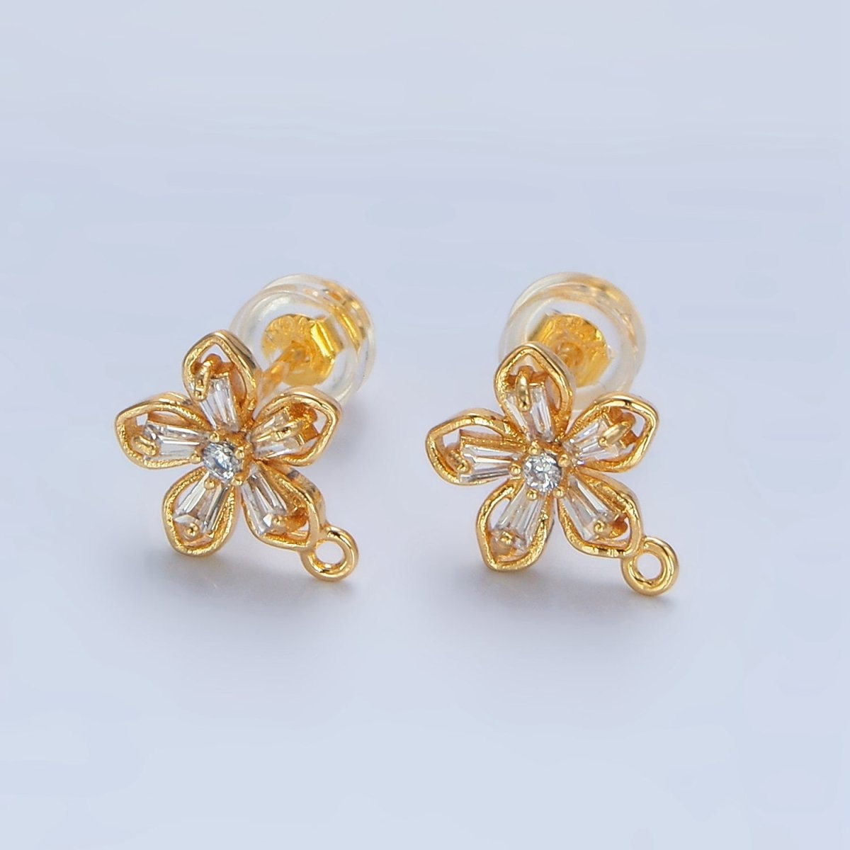 24K Gold Filled Baguette CZ Flower Drop Stud Earring Findings | Z976
