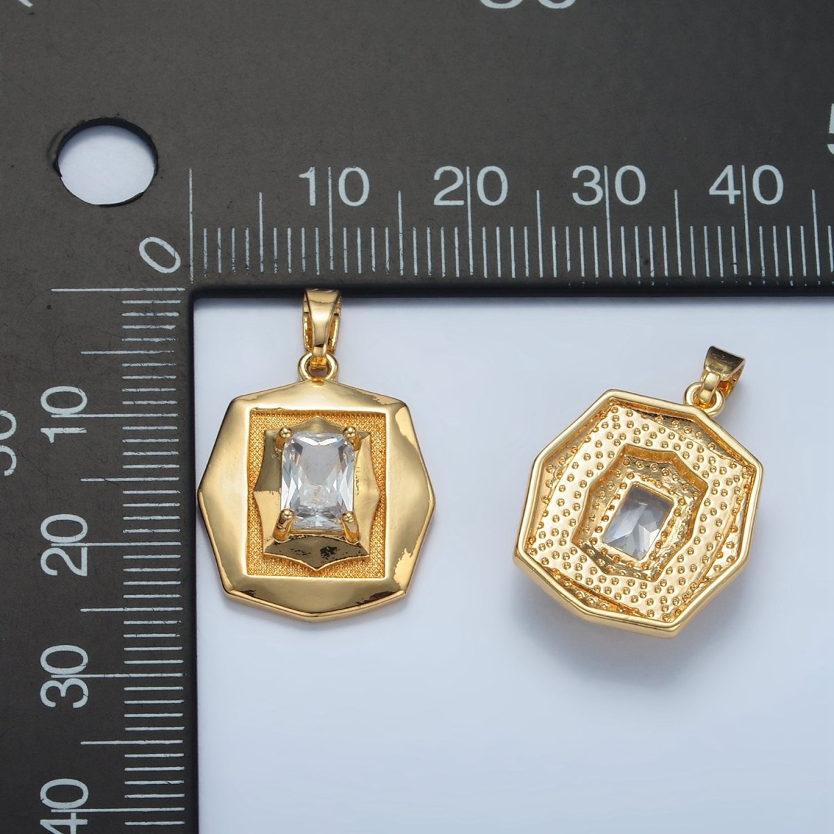 24K Gold Filled Baguette CZ Geometric Hexagonal Pendant | I697