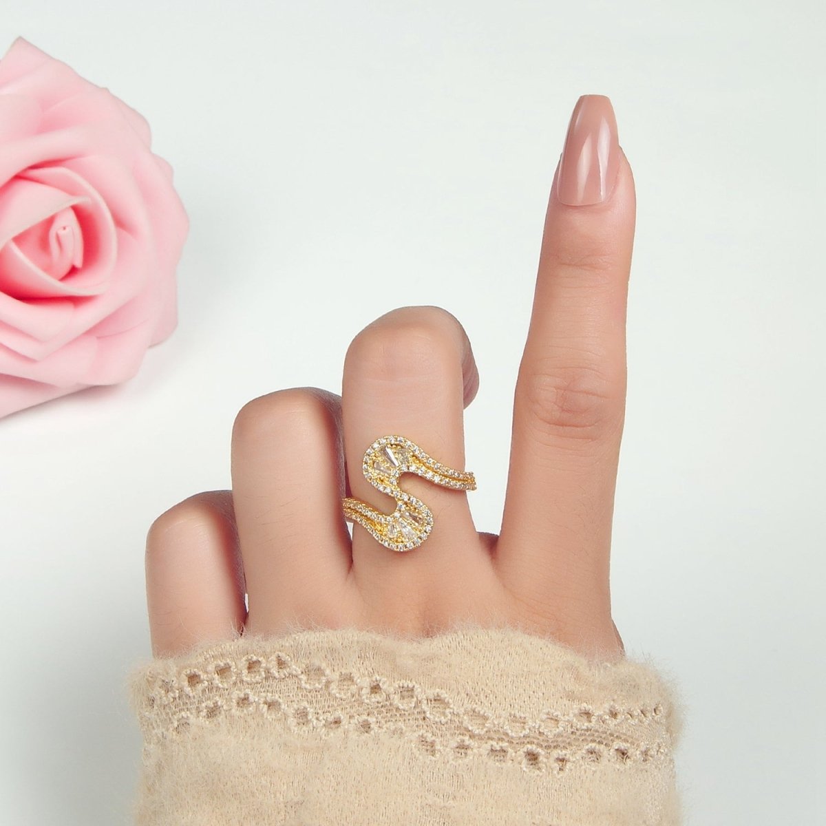 24k Gold Filled Baguette CZ Micro Paved Curved Wavy Ring | O1415