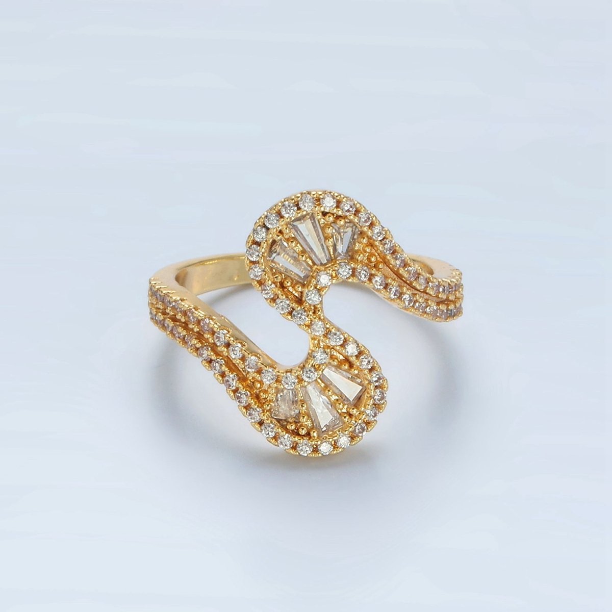 24k Gold Filled Baguette CZ Micro Paved Curved Wavy Ring | O1415