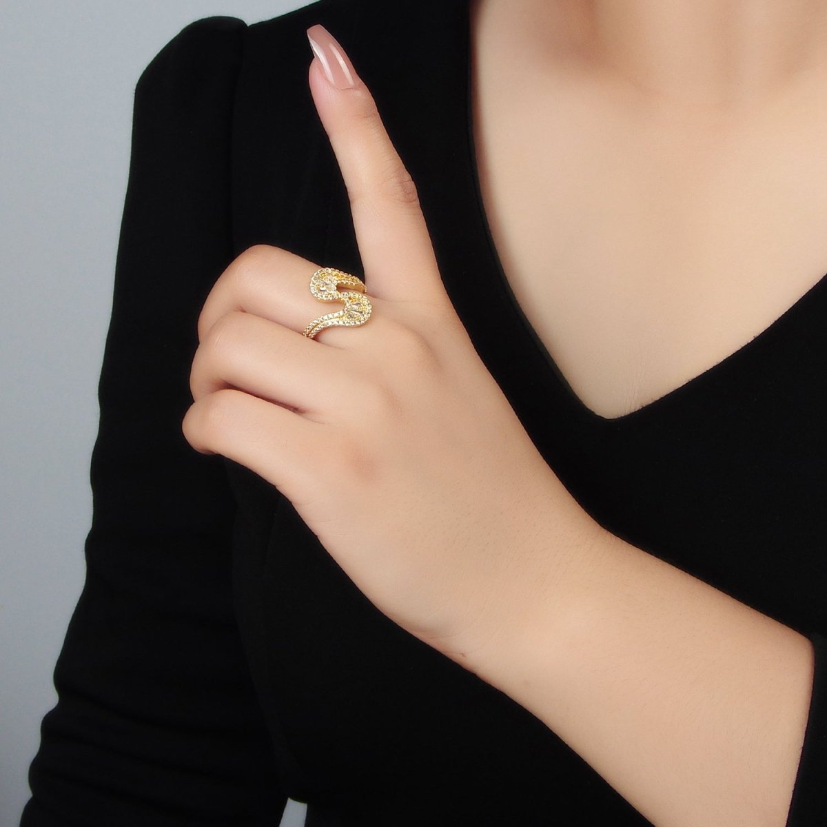 24k Gold Filled Baguette CZ Micro Paved Curved Wavy Ring | O1415