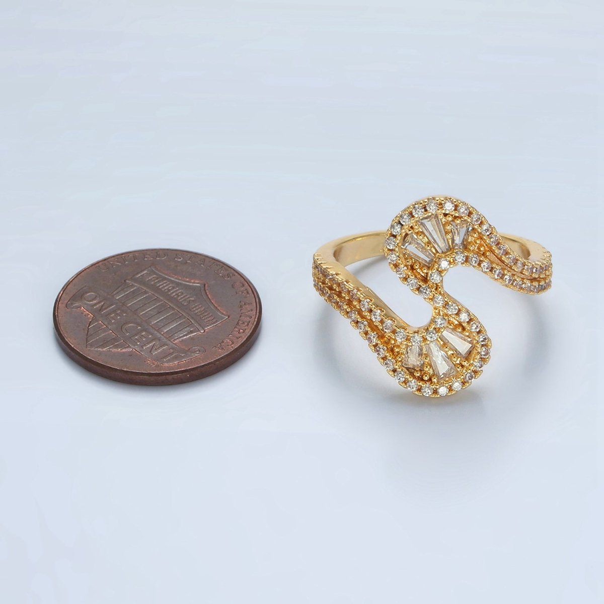 24k Gold Filled Baguette CZ Micro Paved Curved Wavy Ring | O1415
