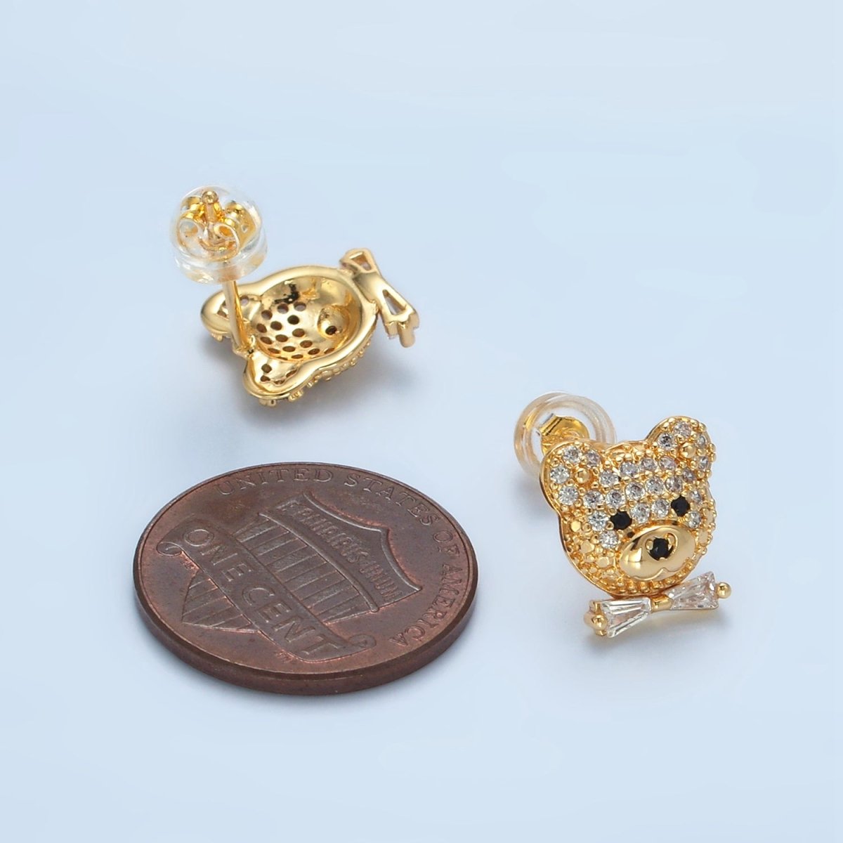 24K Gold Filled Teddy Bear Micro Paved CZ Baguette Tie Bow Stud Earrings | AD741