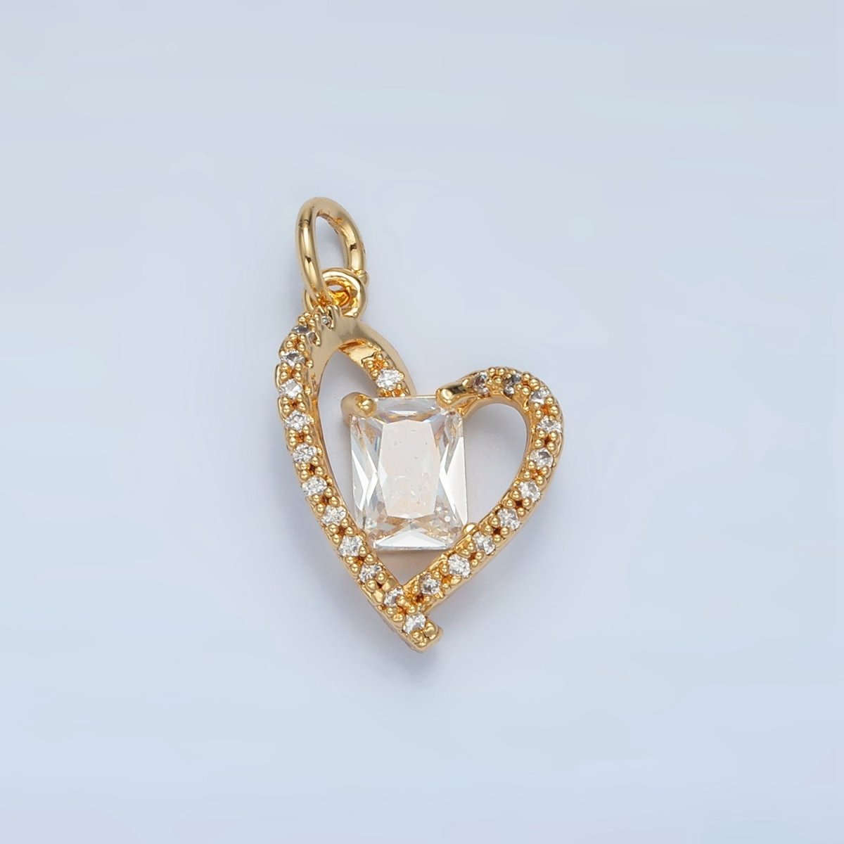 24K Gold Filled Baguette CZ Micro Paved Open Heart Charm | N1477