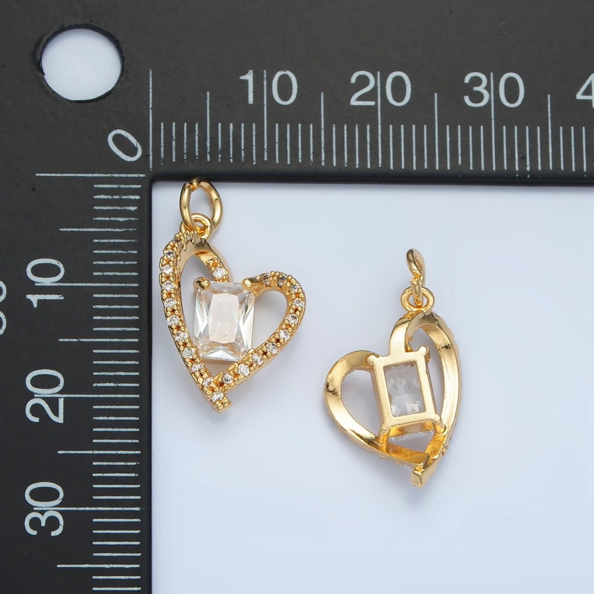 24K Gold Filled Baguette CZ Micro Paved Open Heart Charm | N1477