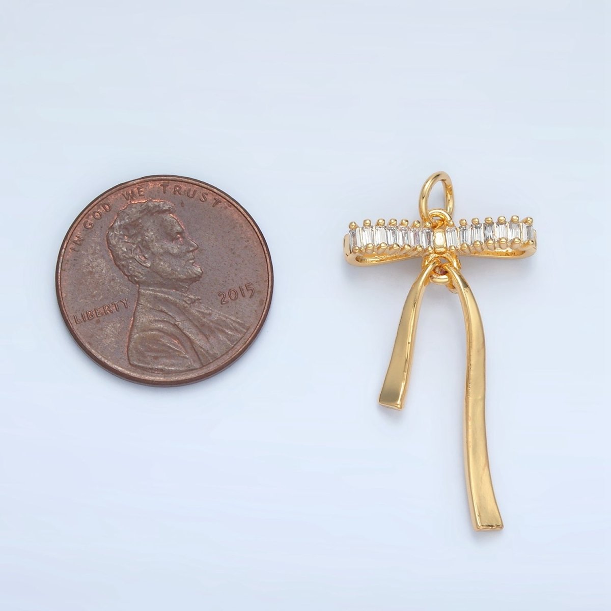 24K Gold Filled Baguette CZ Ribbon Bow Charm | N1376