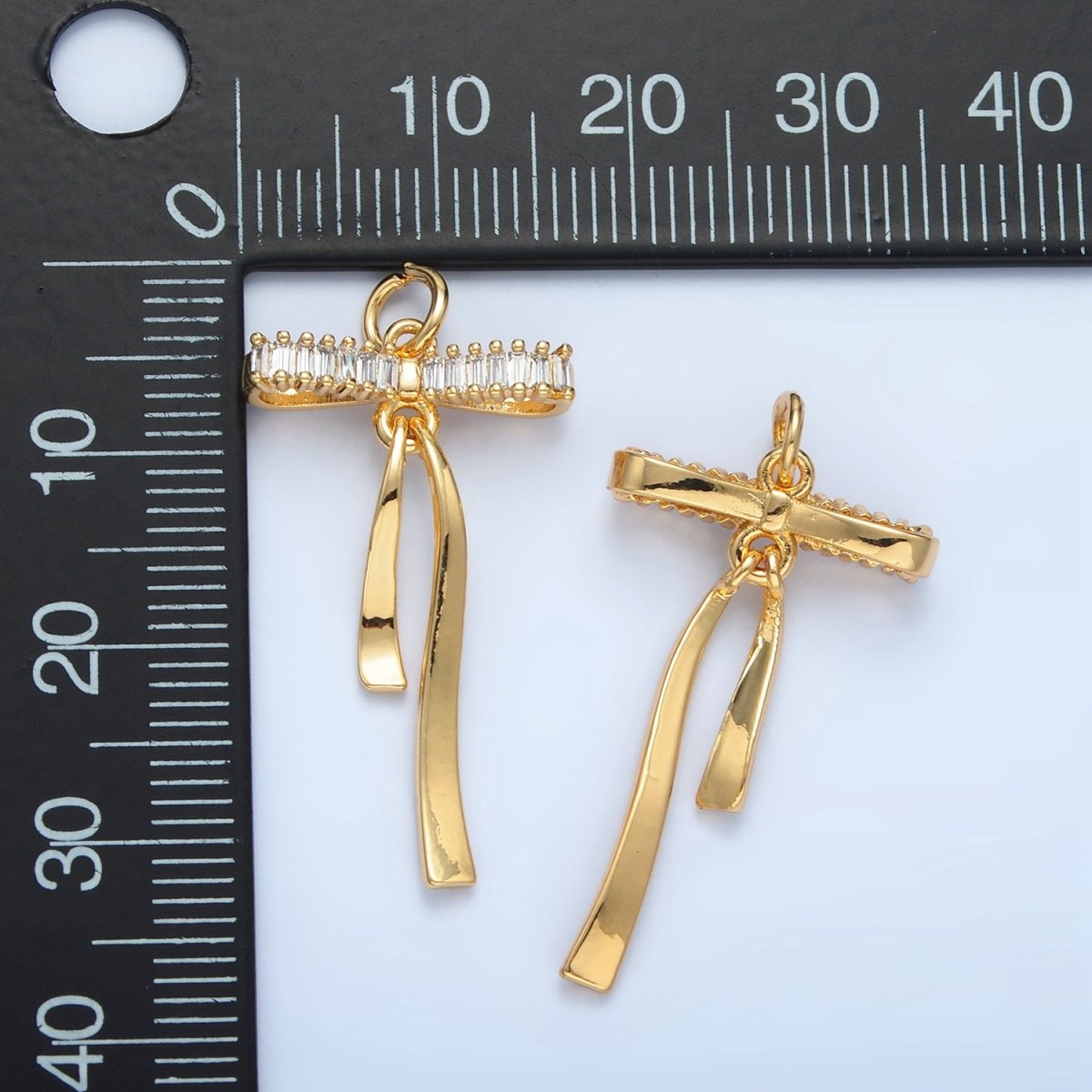24K Gold Filled Baguette CZ Ribbon Bow Charm | N1376
