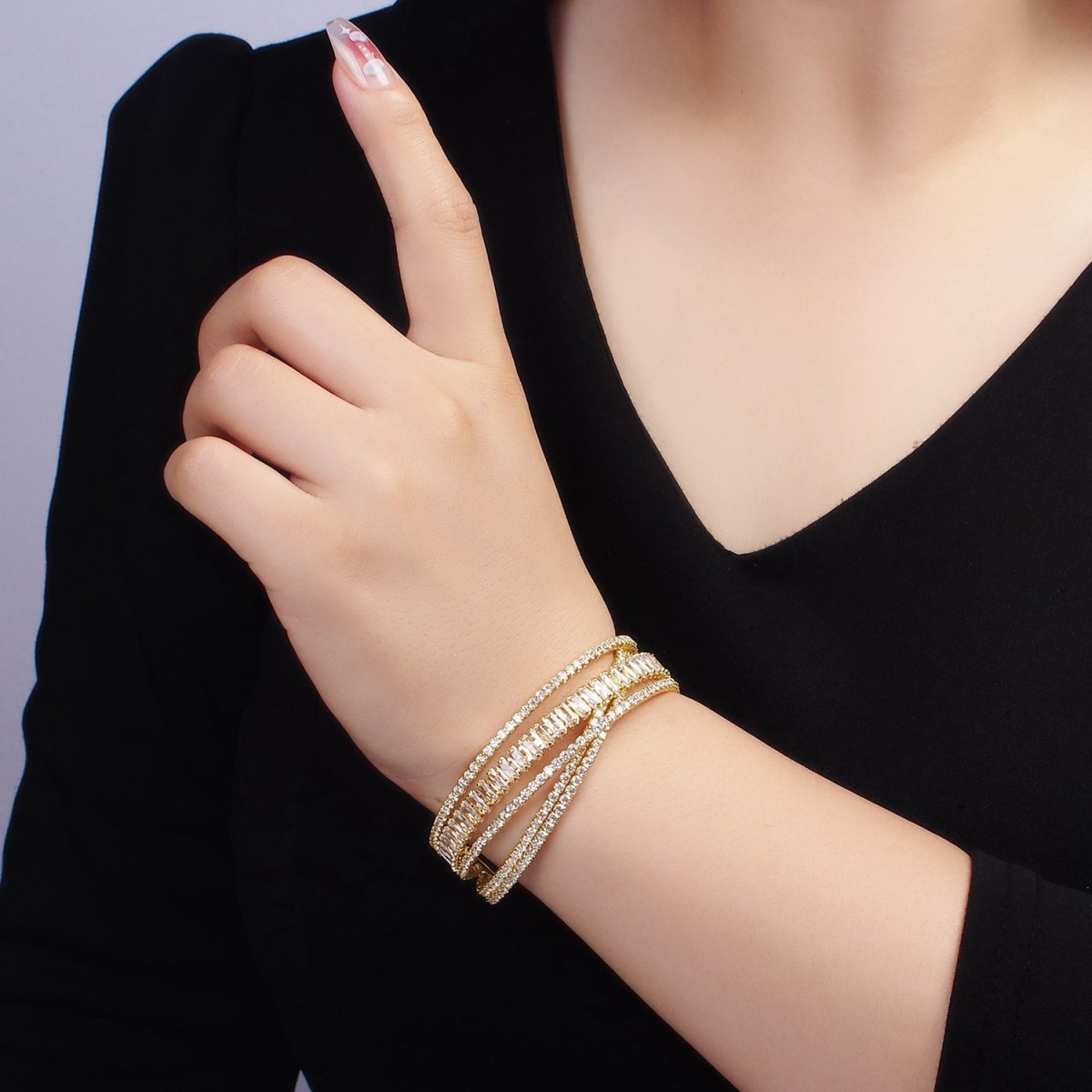 24K Gold Filled Baguette CZ Tennis Chain Multiple Band Cuff Bangle Bracelet | WA-2533