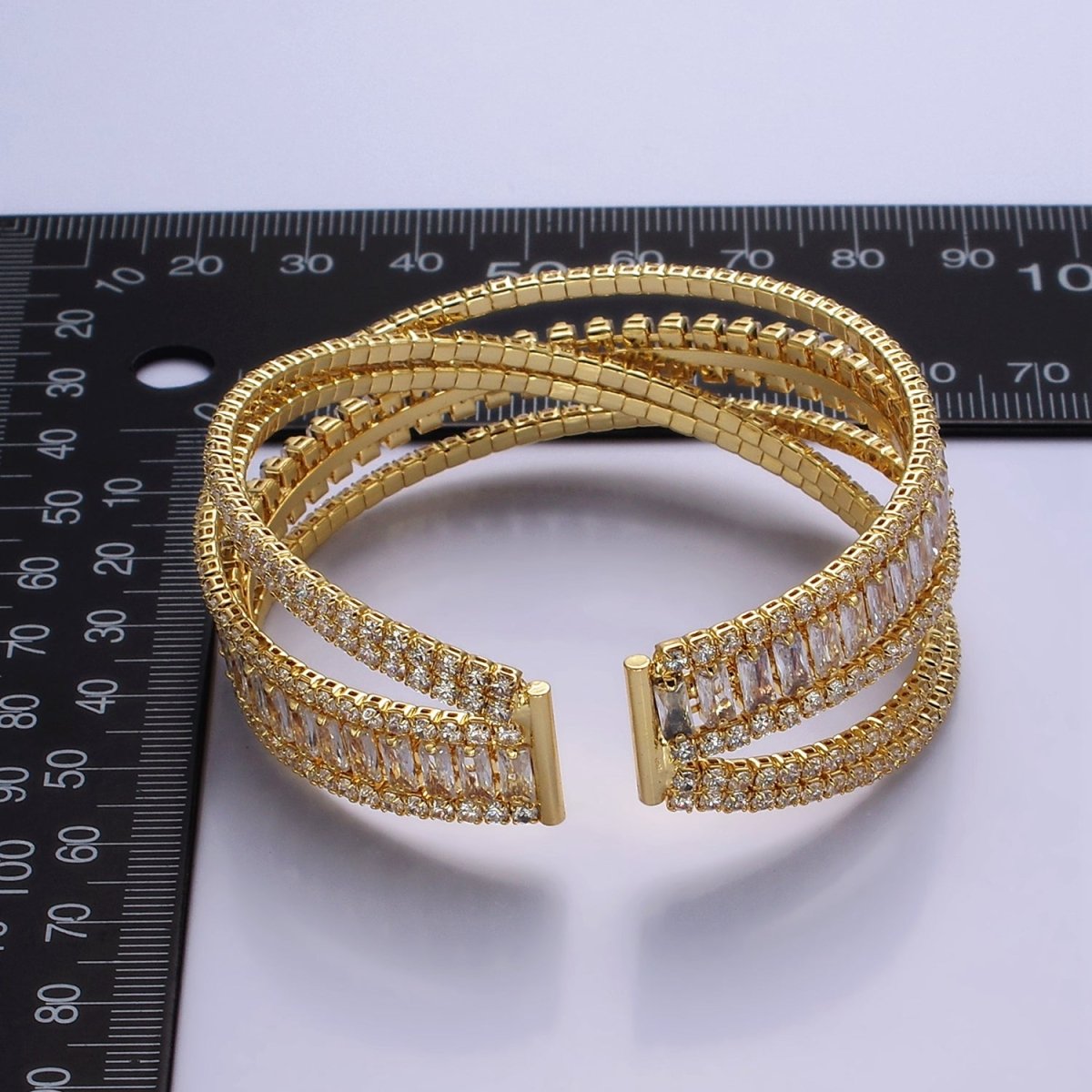 24K Gold Filled Baguette CZ Tennis Chain Multiple Band Cuff Bangle Bracelet | WA-2533