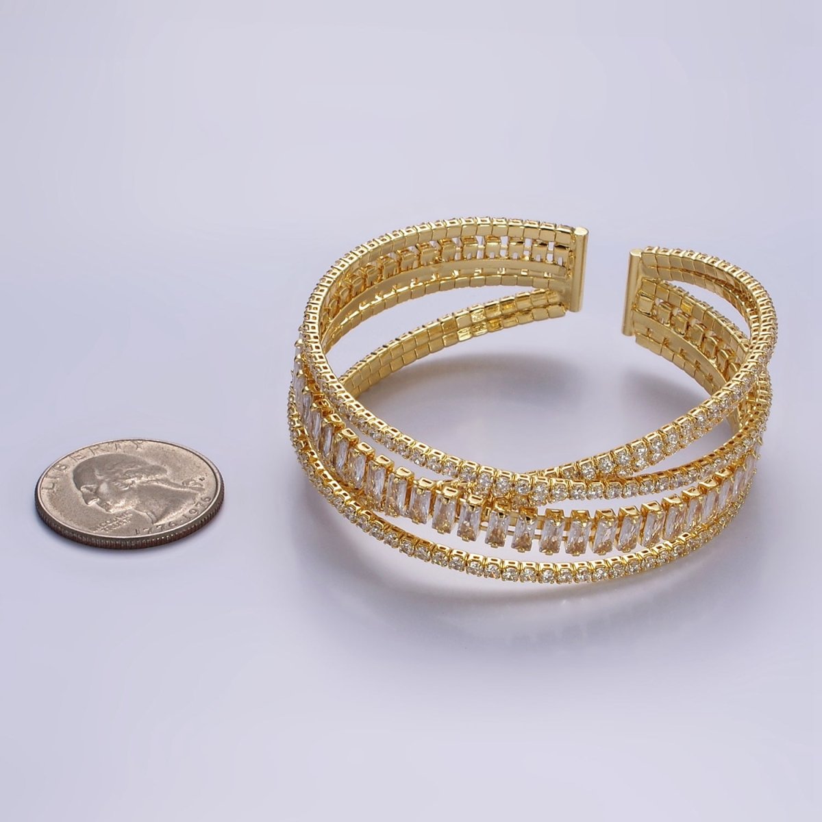 24K Gold Filled Baguette CZ Tennis Chain Multiple Band Cuff Bangle Bracelet | WA-2533