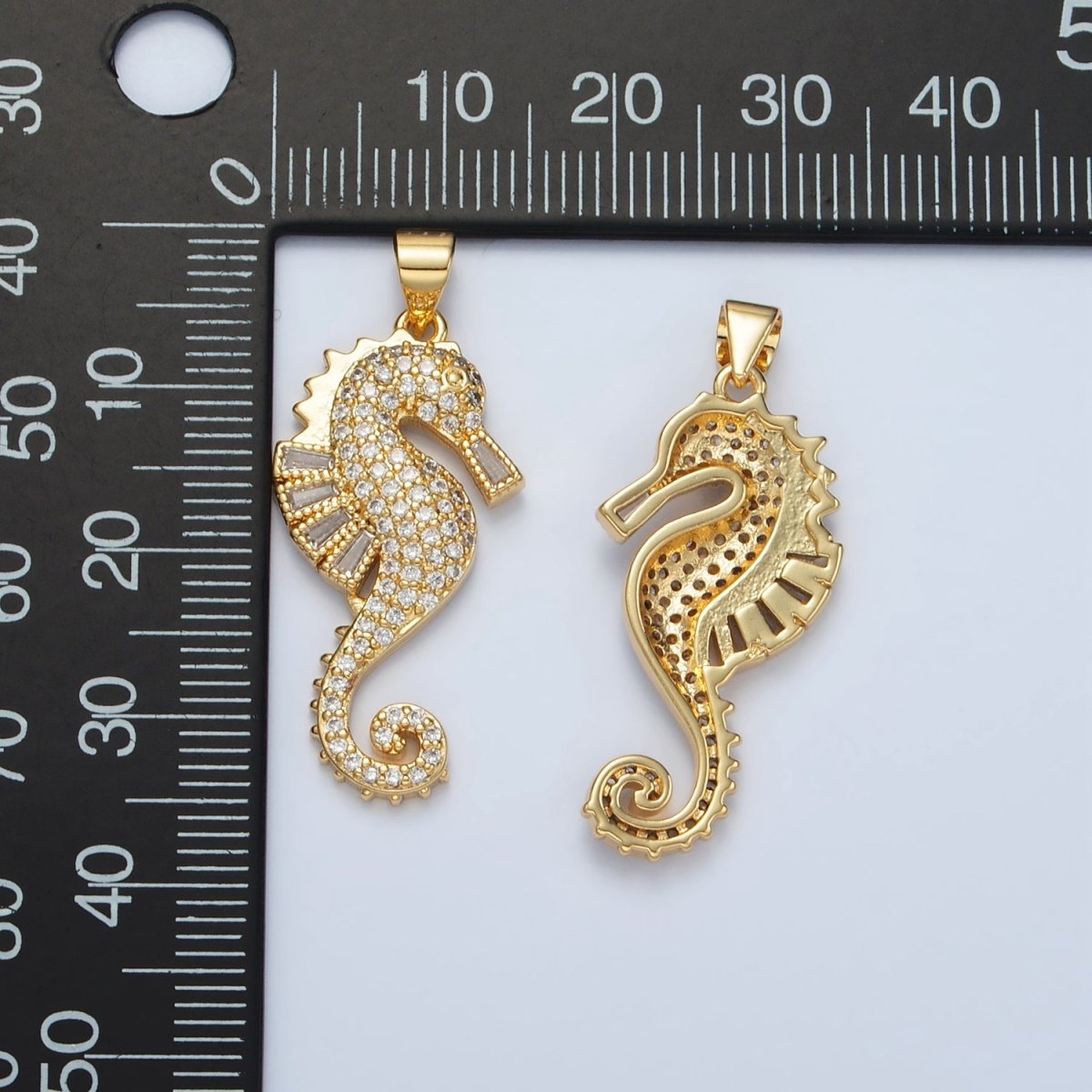 24K Gold Filled Baguette Micro Paved CZ Sea Horse Ocean Animal Pendant | I-283