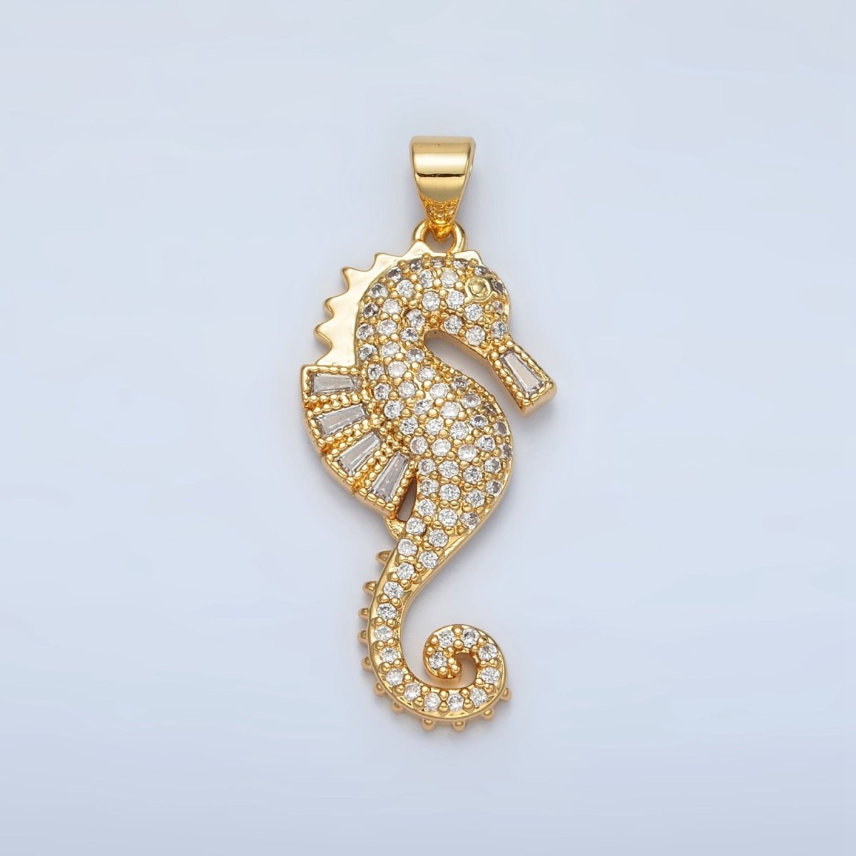 24K Gold Filled Baguette Micro Paved CZ Sea Horse Ocean Animal Pendant | I-283