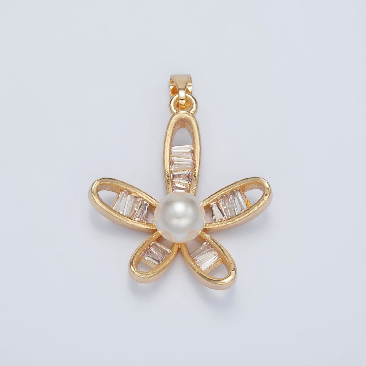 24K Gold Filled Baguette Round Shell Pearl Open Curved Flower Pendant | AA1388