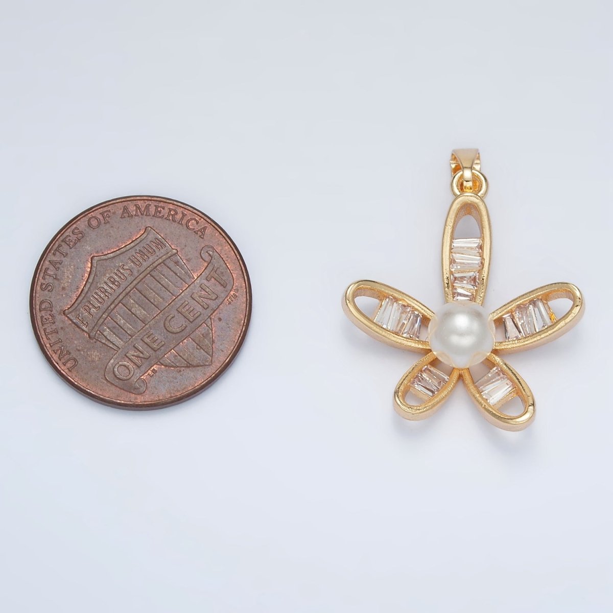 24K Gold Filled Baguette Round Shell Pearl Open Curved Flower Pendant | AA1388