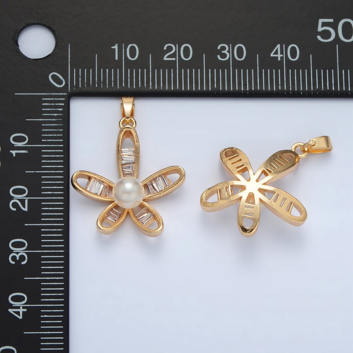 24K Gold Filled Baguette Round Shell Pearl Open Curved Flower Pendant | AA1388