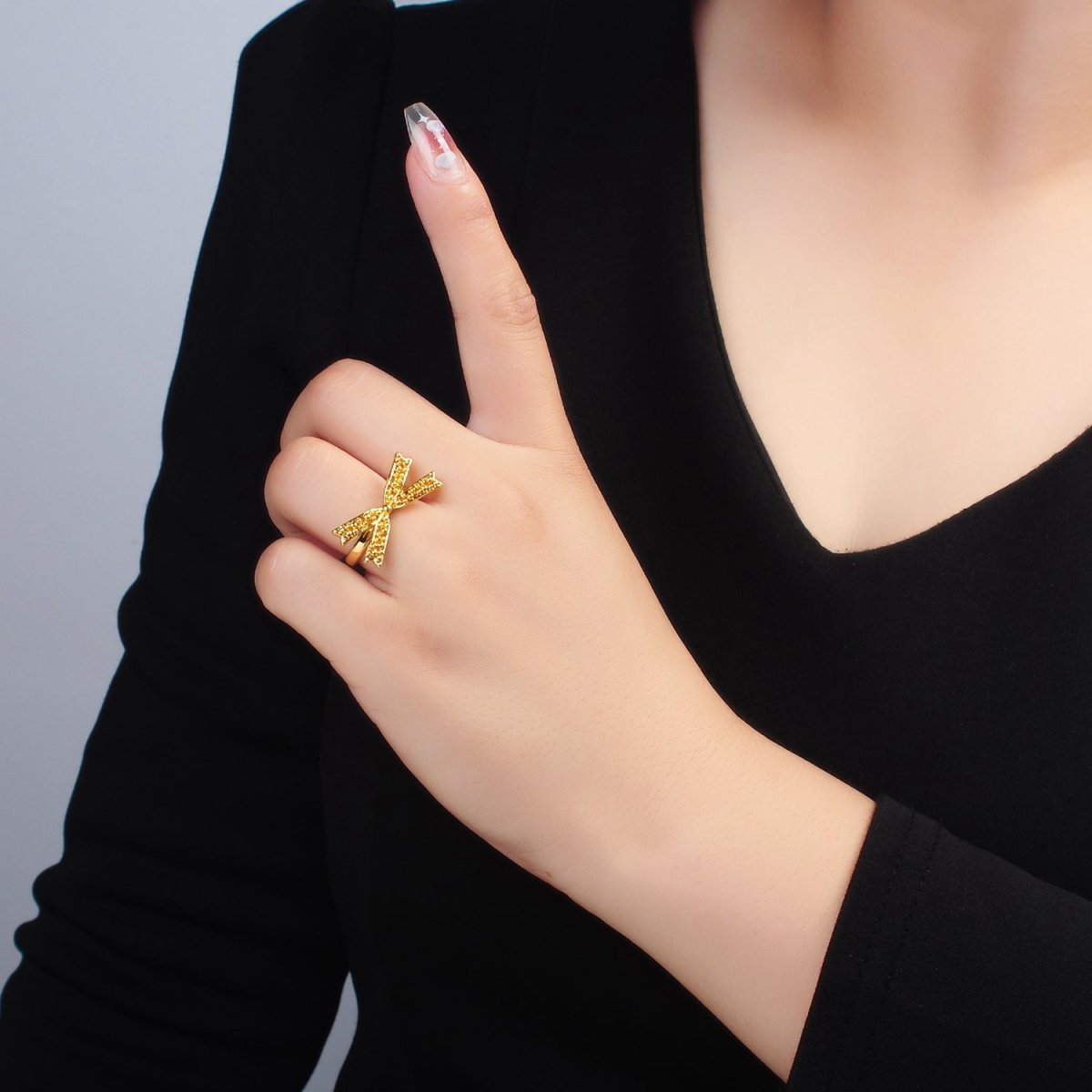 24K Gold Filled Beaded Bubble Ribbon Bow Ring | O1392