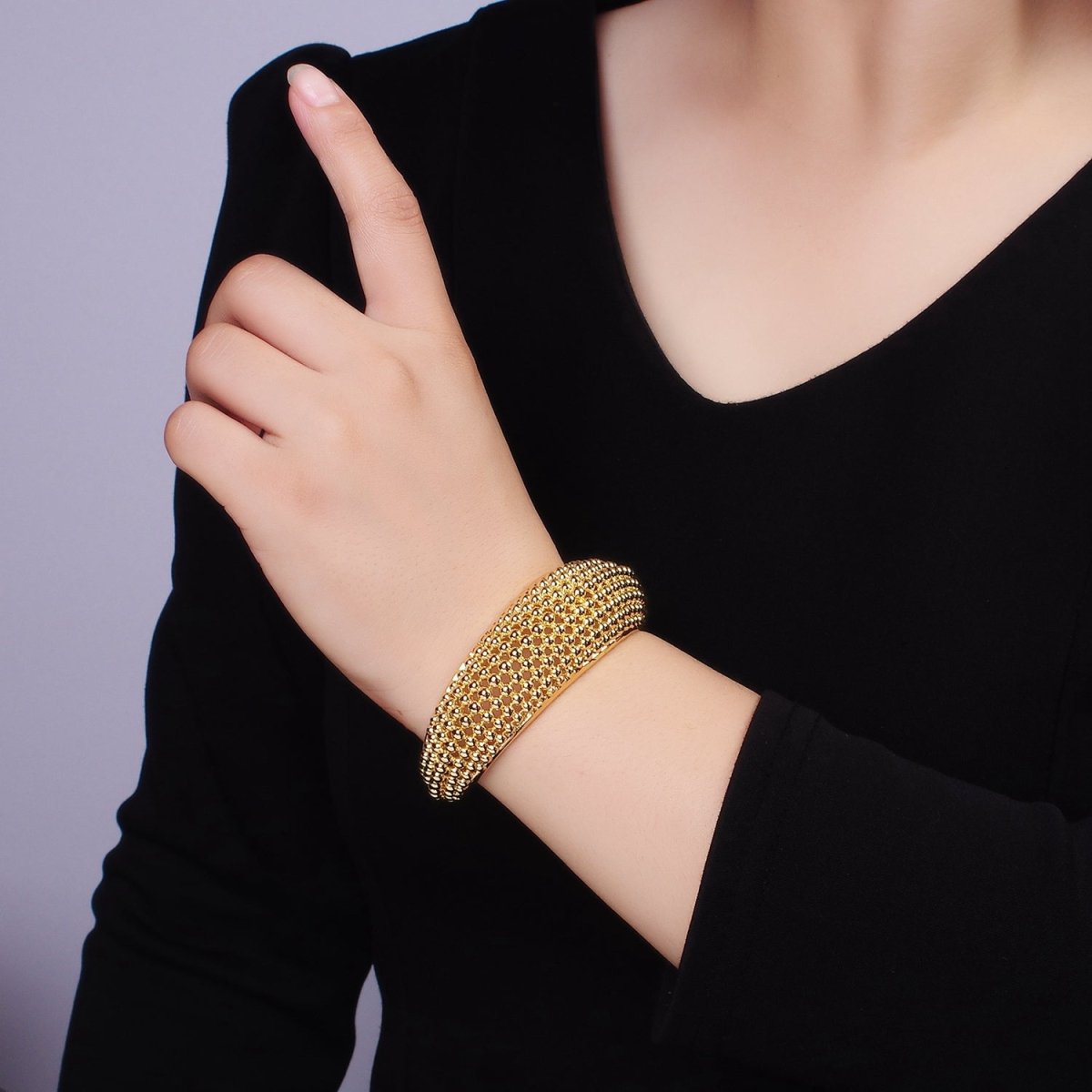 24K Gold Filled Beaded Bubble Wide Open Band Cuff Bracelet | WA-2529