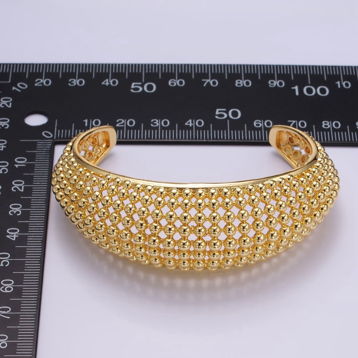24K Gold Filled Beaded Bubble Wide Open Band Cuff Bracelet | WA-2529