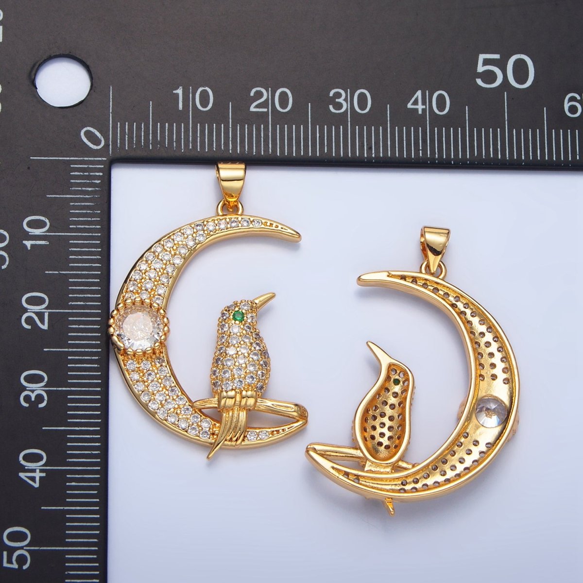 24K Gold Filled Bird Celestial Crescent Moon Micro Paved CZ Pendant | AA786