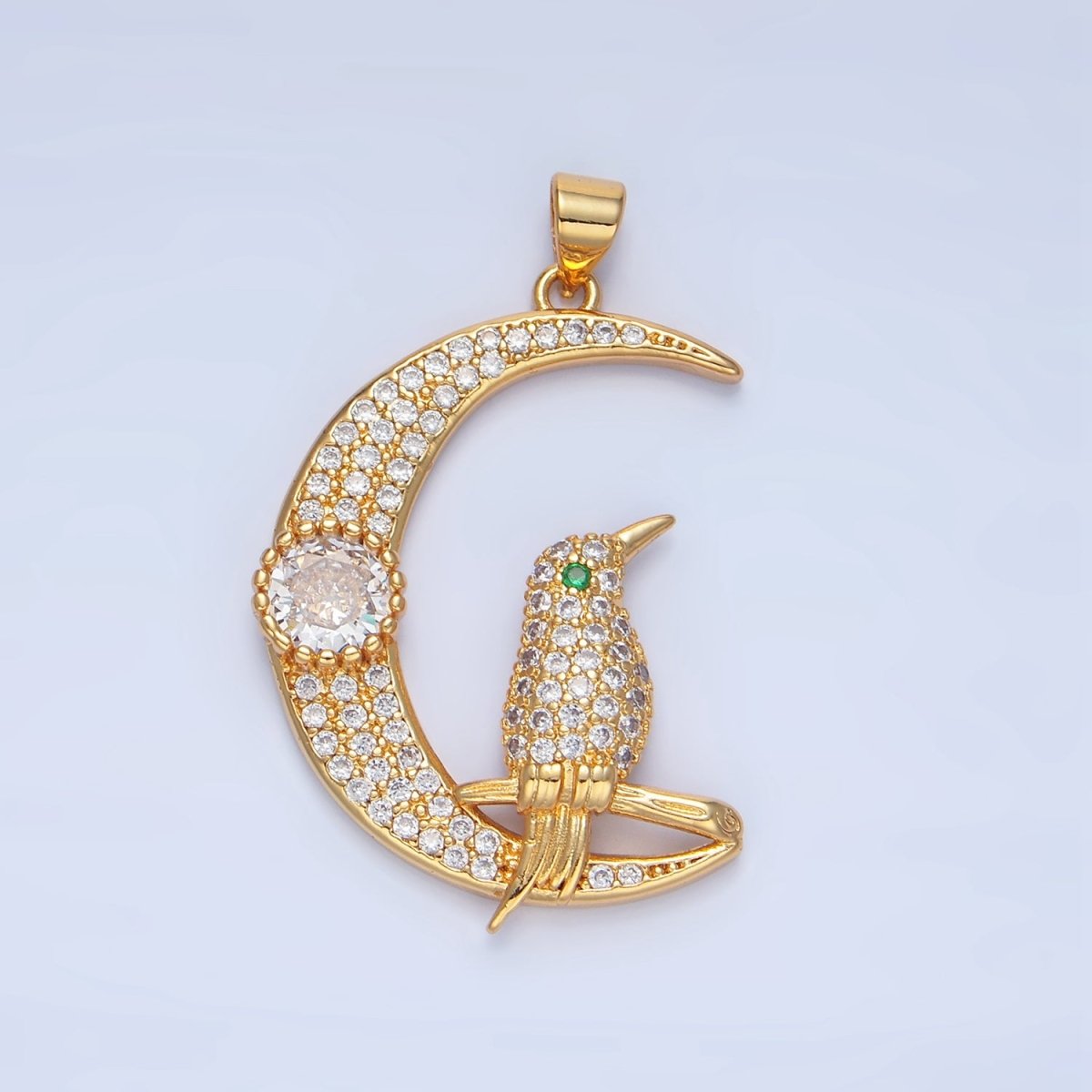 24K Gold Filled Bird Celestial Crescent Moon Micro Paved CZ Pendant | AA786
