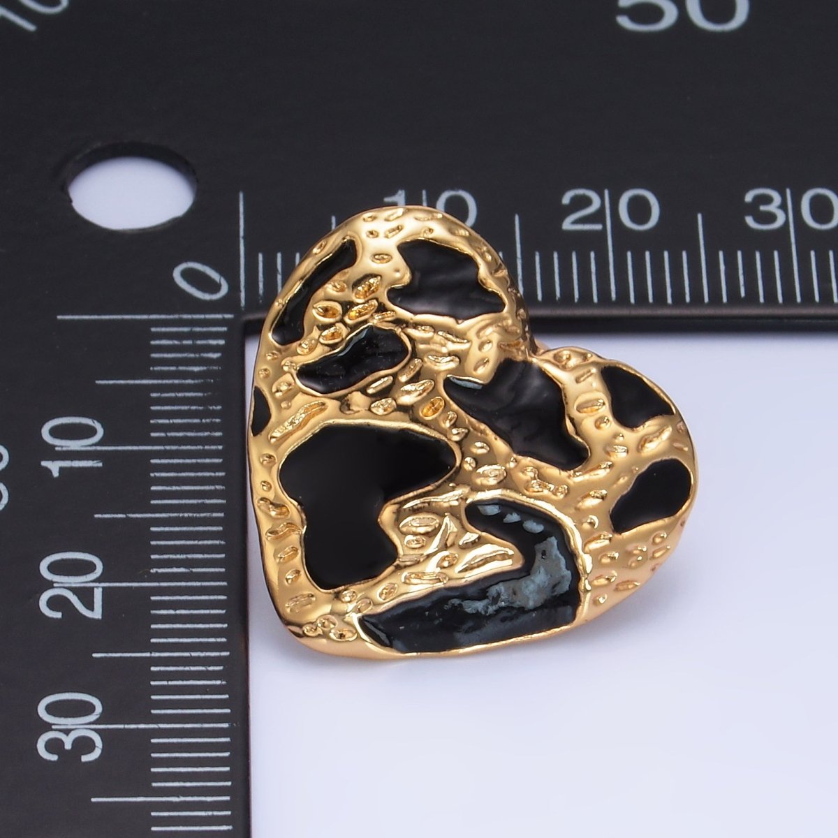 24K Gold Filled Black Enamel Cheetah Textured Heart Stud Earrings in Gold & Silver | AB1496 AB1549