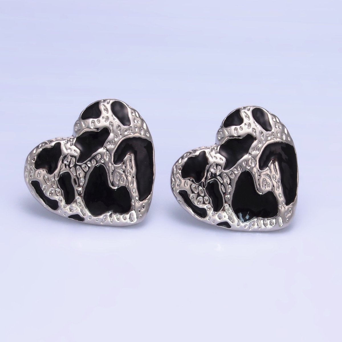 24K Gold Filled Black Enamel Cheetah Textured Heart Stud Earrings in Gold & Silver | AB1496 AB1549