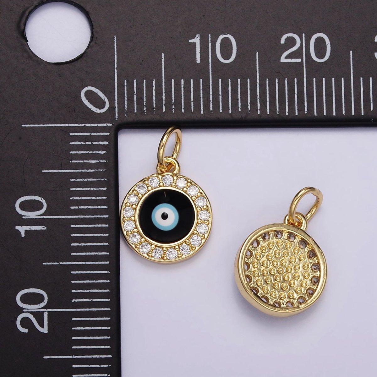 24K Gold Filled Black Evil Eye Enamel Micro Paved CZ Round Charm | M109