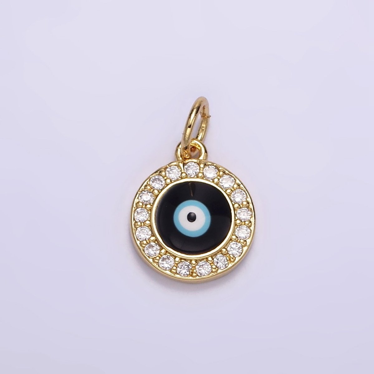 24K Gold Filled Black Evil Eye Enamel Micro Paved CZ Round Charm | M109