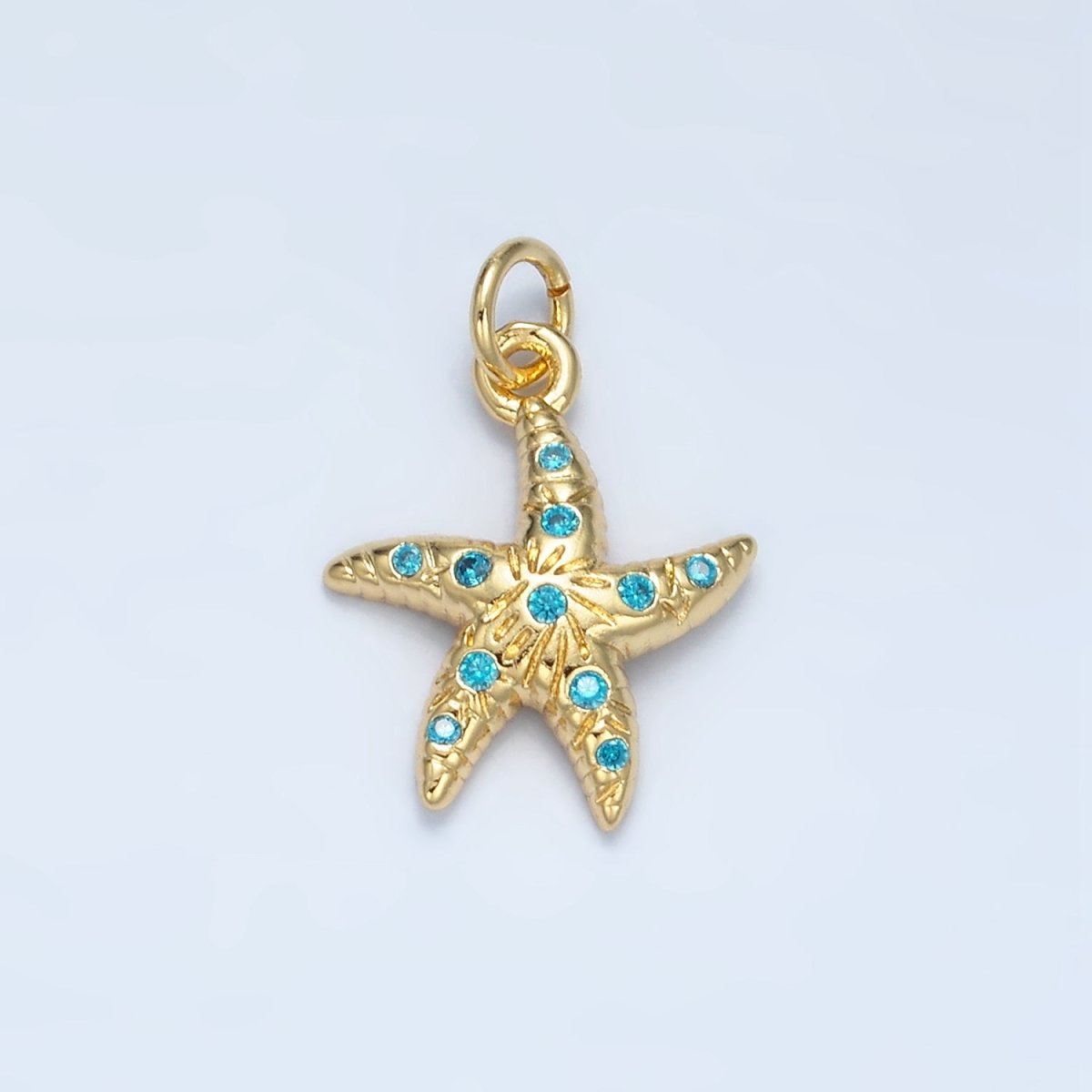 24K Gold Filled Blue CZ Micro Paved Textured Starfish Sea Animal Charm | M-896