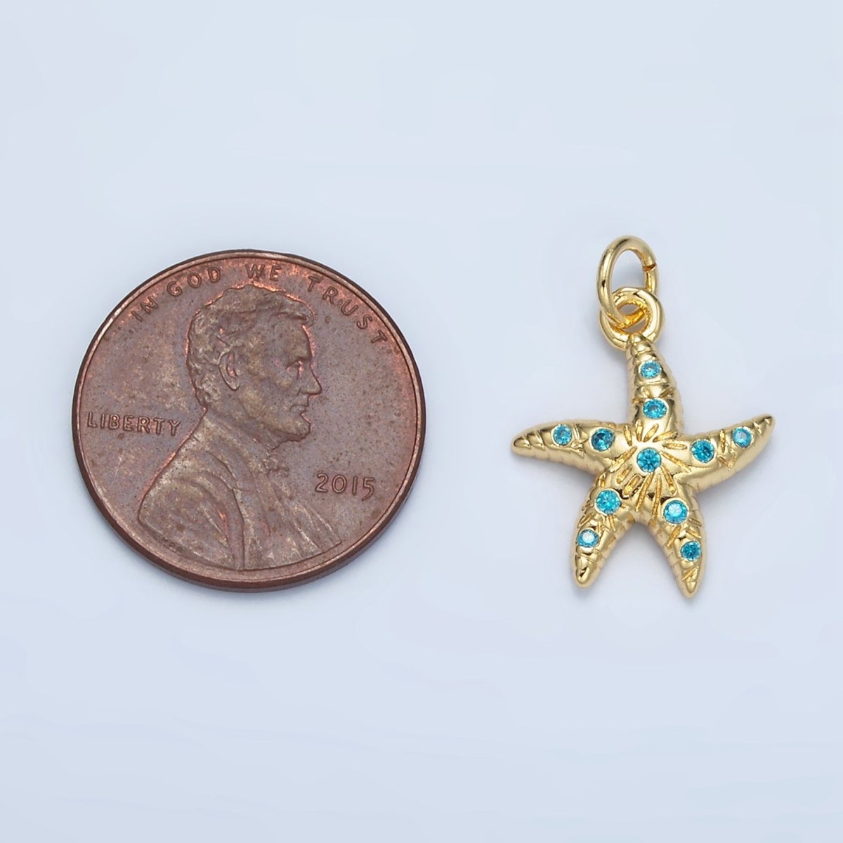24K Gold Filled Blue CZ Micro Paved Textured Starfish Sea Animal Charm | M-896