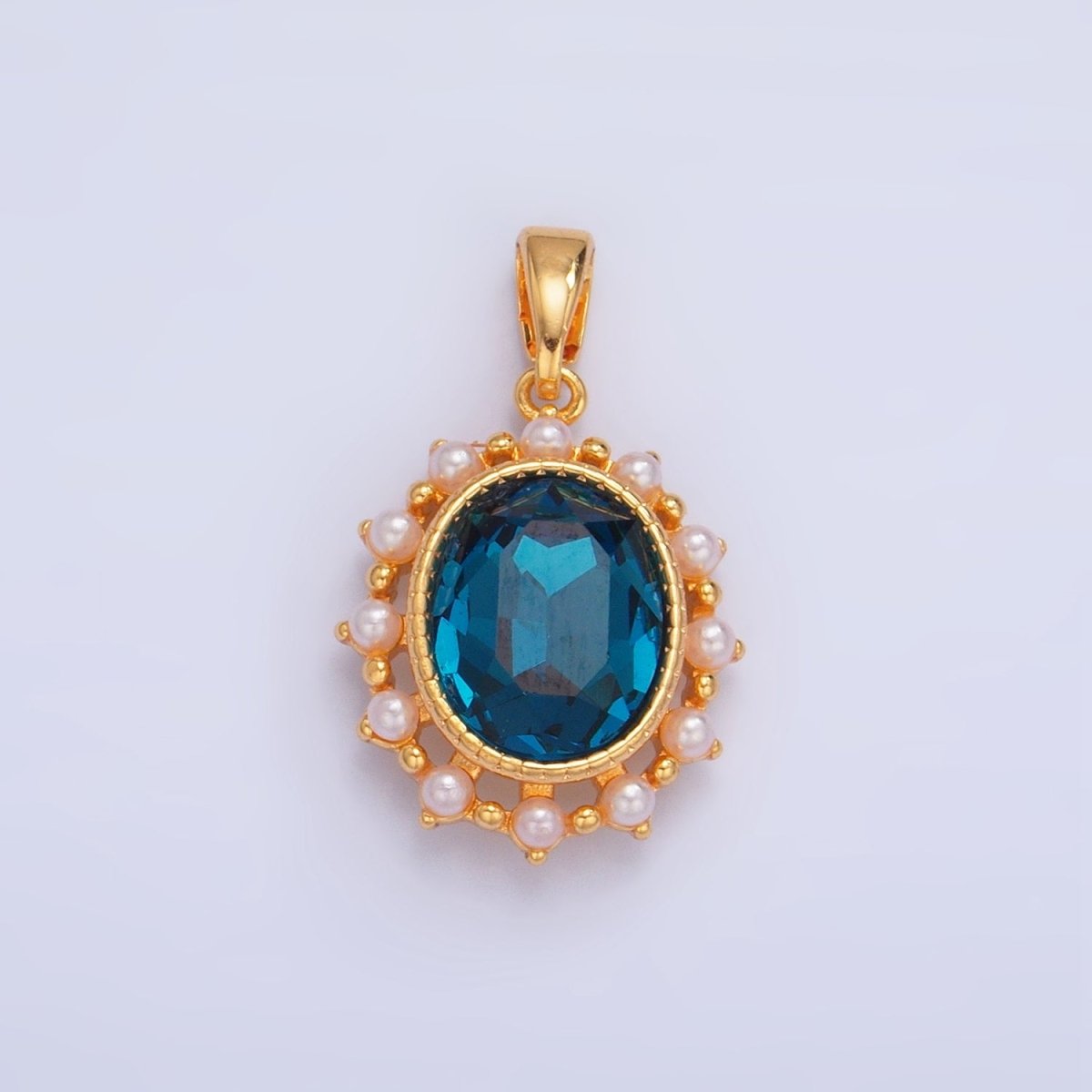 24K Gold Filled Blue CZ Shell Pearl Bezel Oval Pendant | AA1014