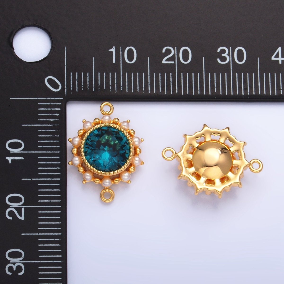 24K Gold Filled Blue CZ Shell Pearl Bezel Round Connector | F719
