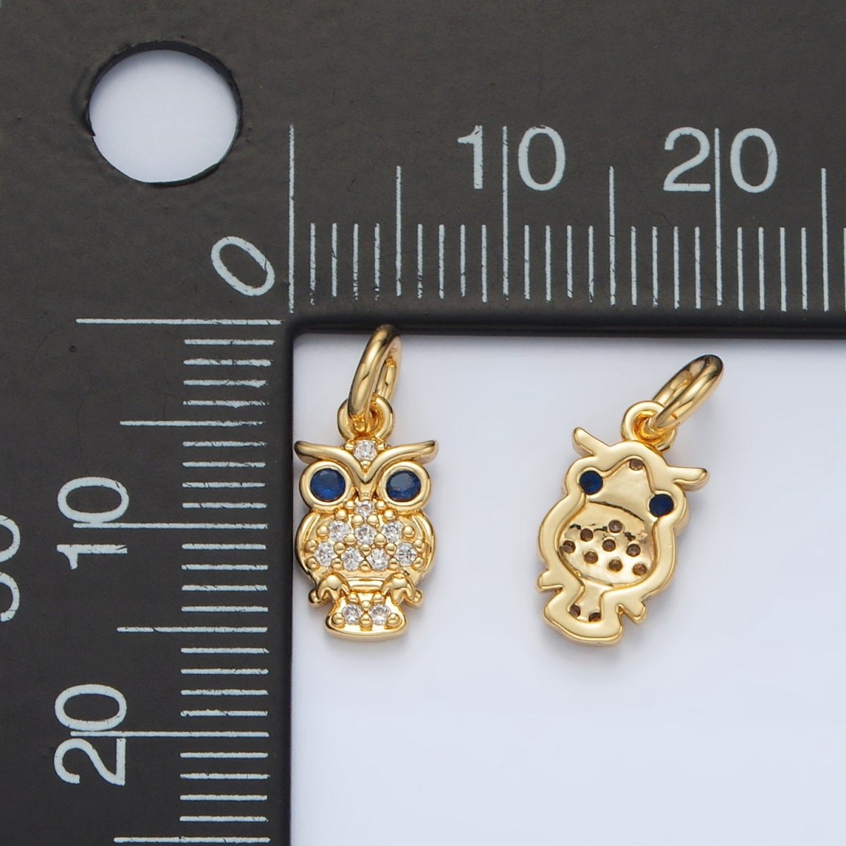 24K Gold Filled Blue-Eyed CZ Micro Paved Owl Bird Charm | E010