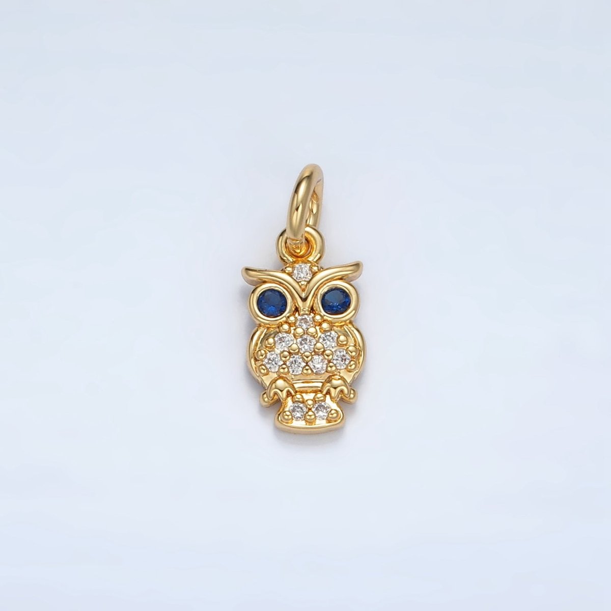 24K Gold Filled Blue-Eyed CZ Micro Paved Owl Bird Charm | E010