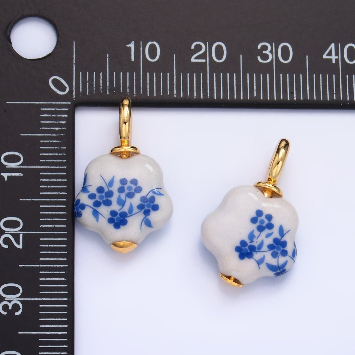 24K Gold Filled Blue Flower Ceramic Porcelain Drop Charm | W147