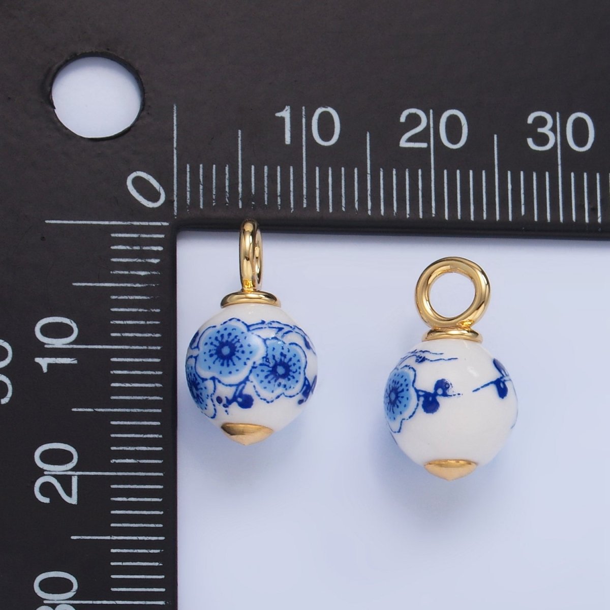 24K Gold Filled Blue Flowers White Ceramic Drop Charm | W122