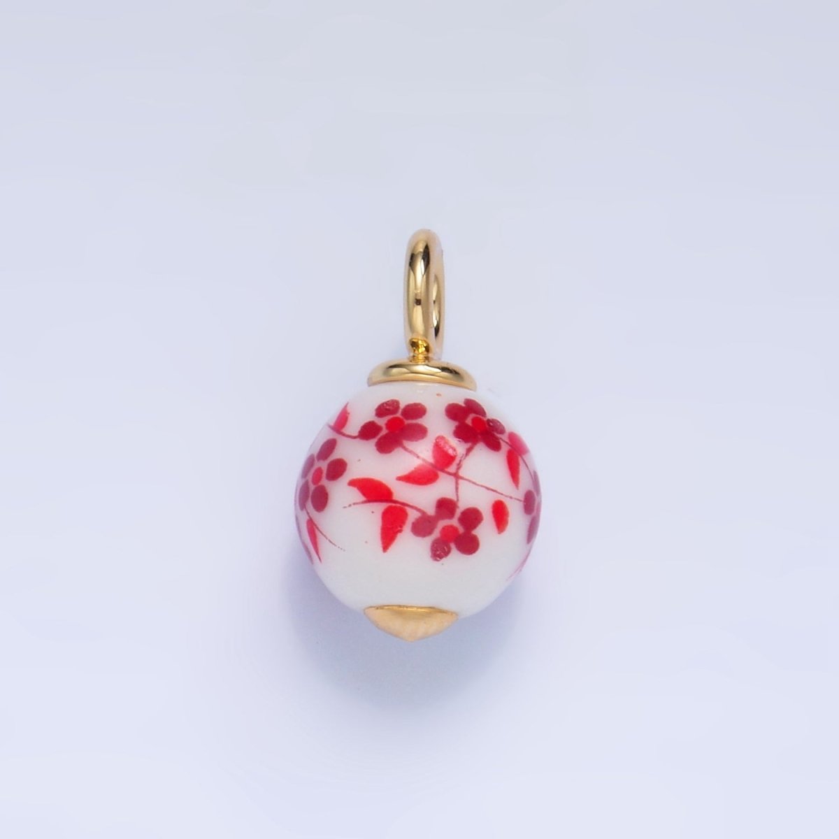 24K Gold Filled Blue, Red Flowers Ceramic Drop Charm | W123