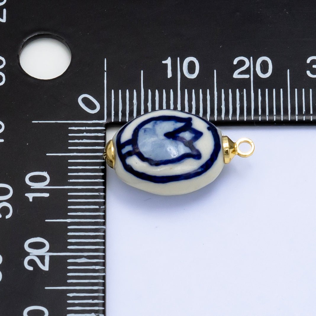 24K Gold Filled Blue Tulip Flowers White Ceramic Drop Charm | W-075