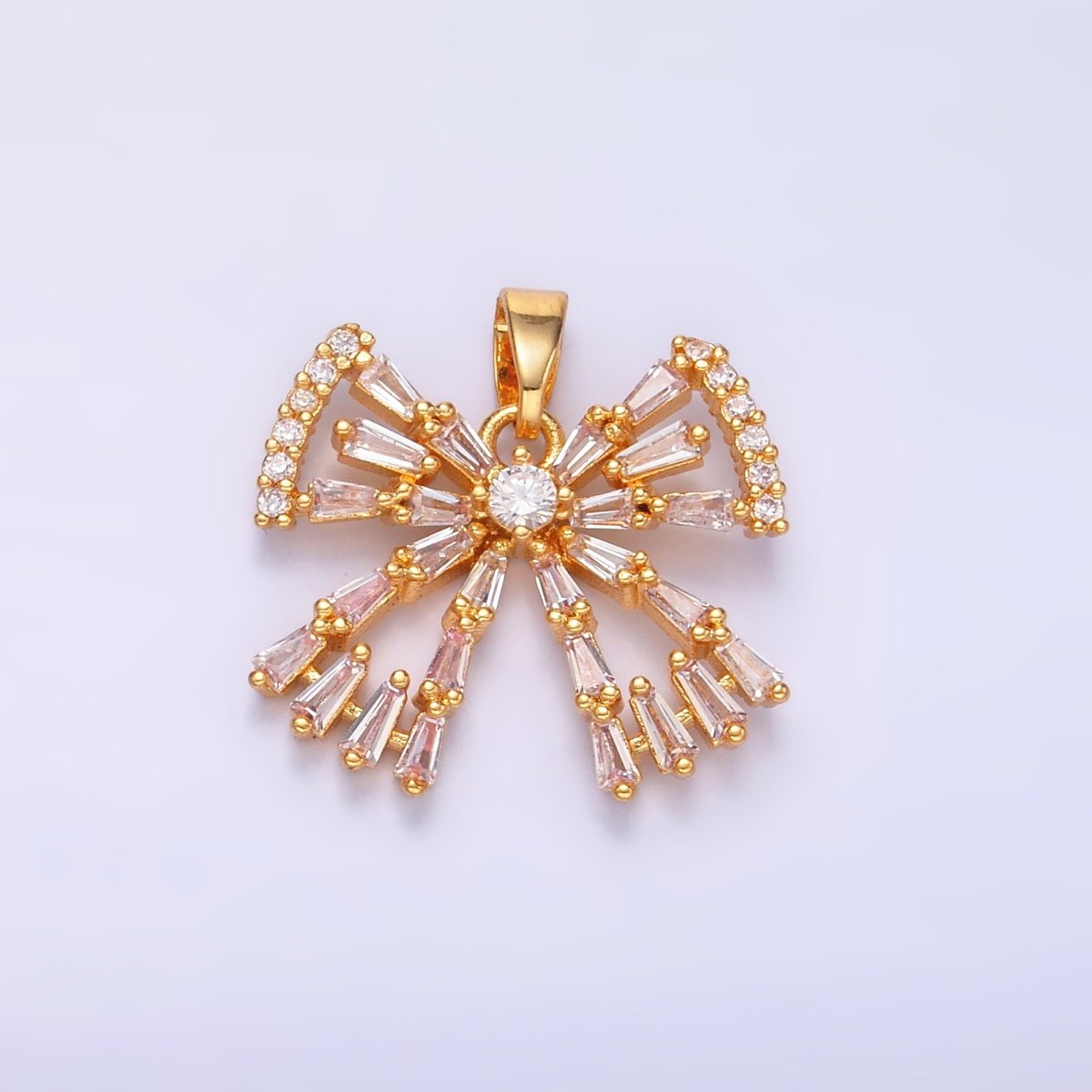 24K Gold Filled Bow Ribbon Baguette Micro Paved CZ Pendant | AA1437