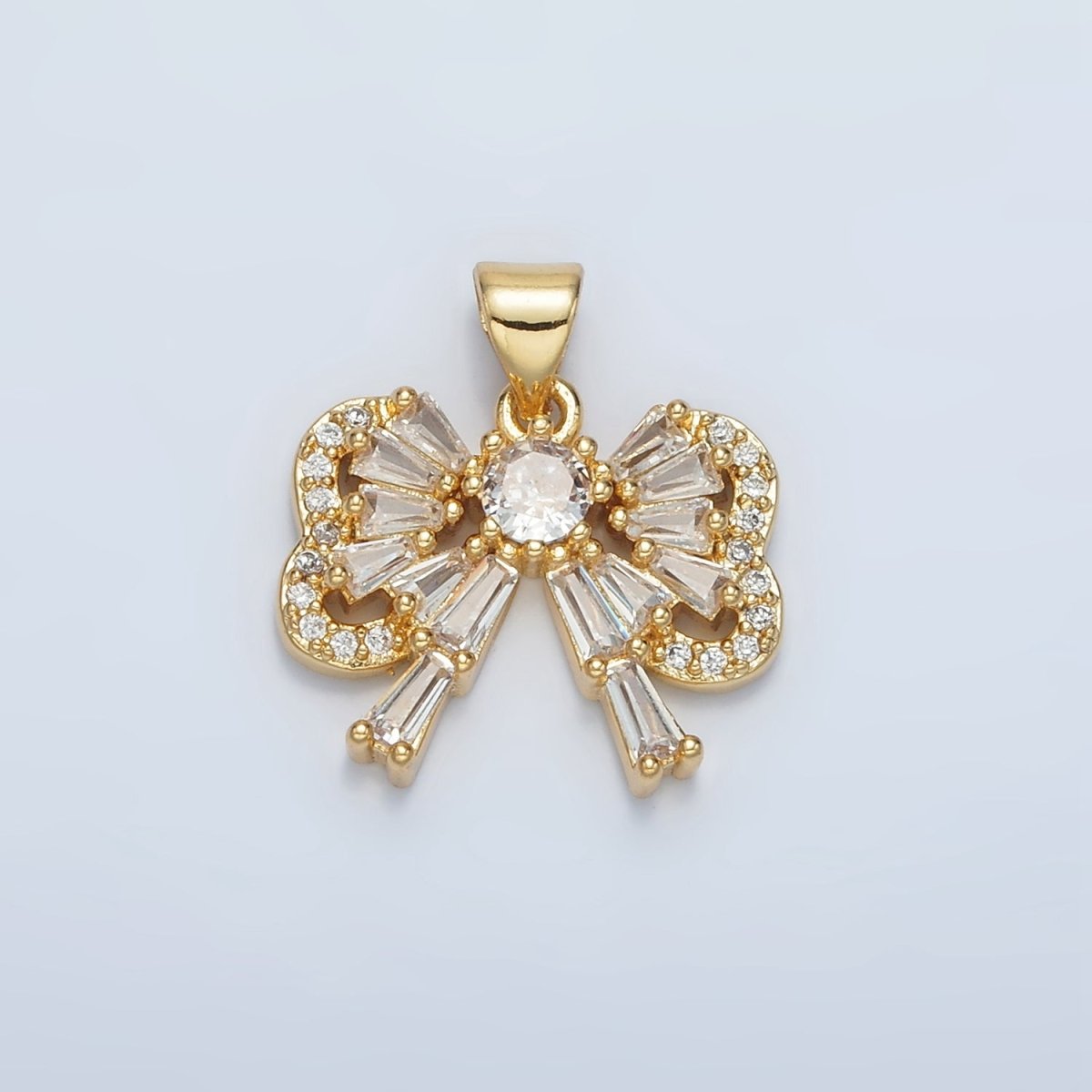 24K Gold Filled Bow Ribbon Baguette Micro Paved CZ Pendant | I274