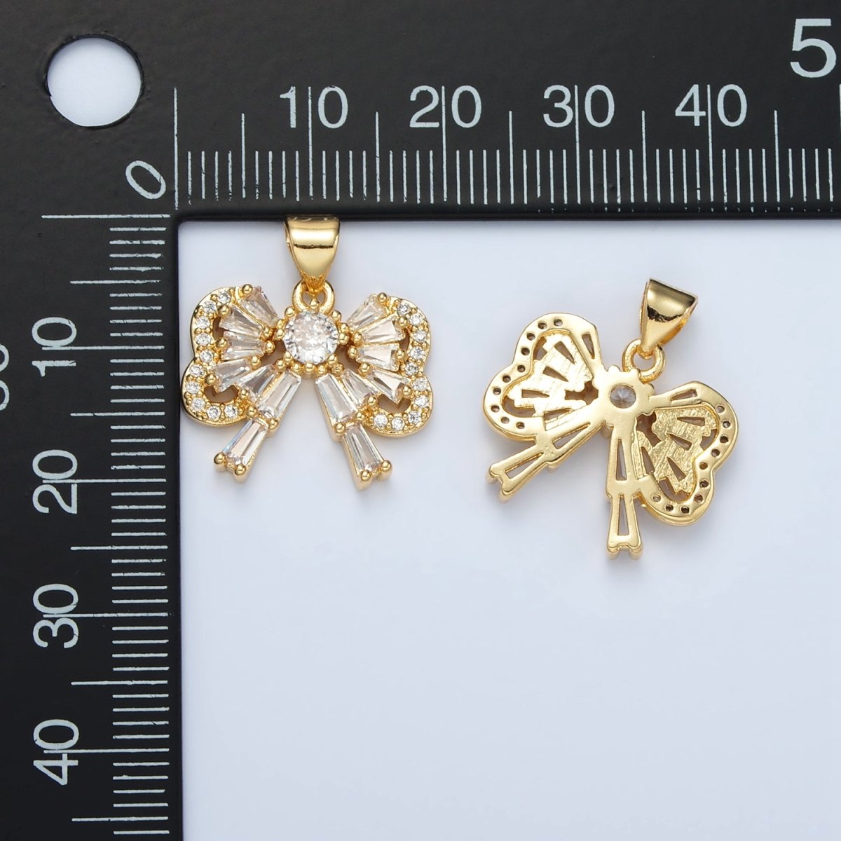 24K Gold Filled Bow Ribbon Baguette Micro Paved CZ Pendant | I274