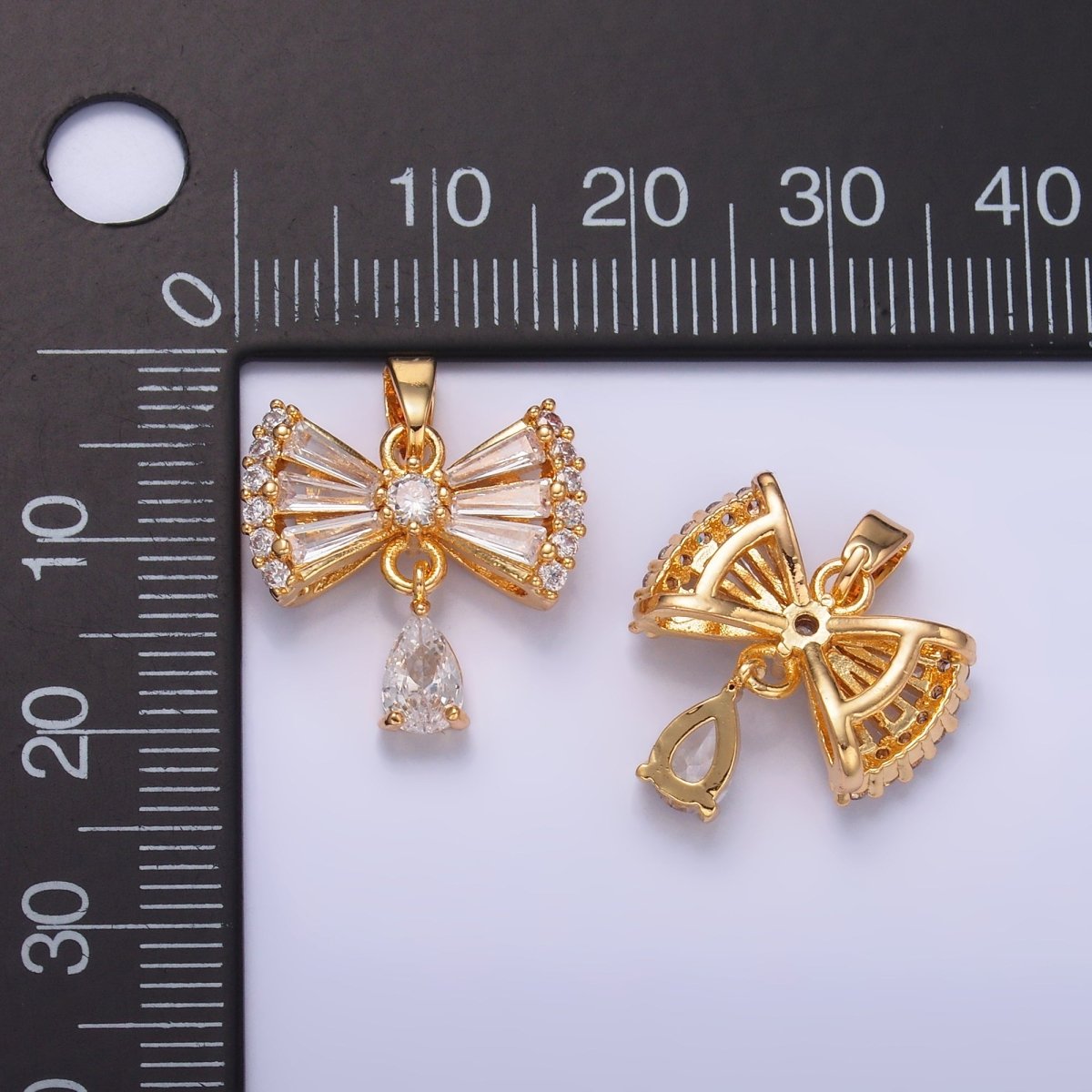 24K Gold Filled Bow Ribbon Teardrop Baguette CZ Micro Paved Drop Pendant | AA1436