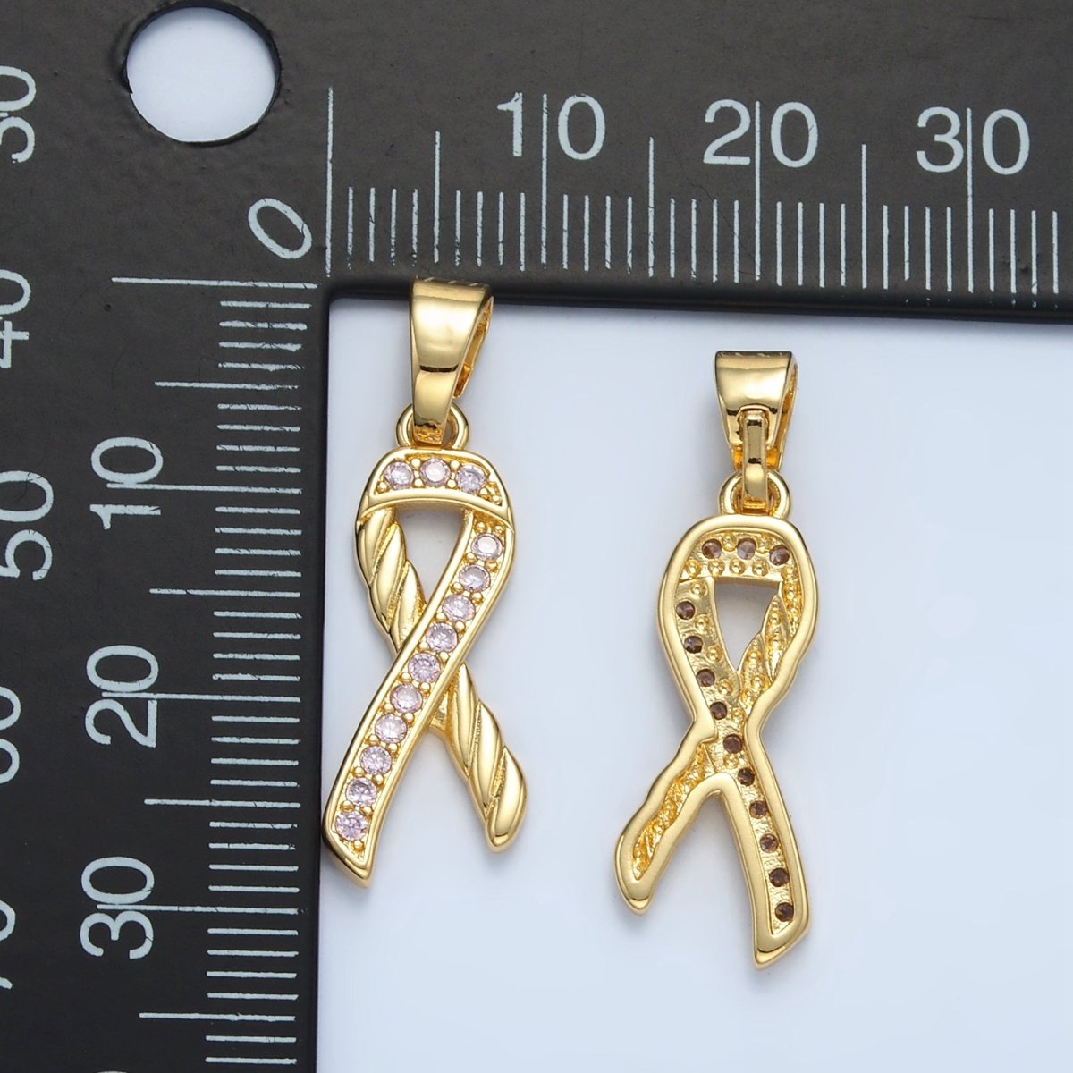24K Gold Filled Breast Cancer Awareness Ribbon Pink Micro Paved CZ Pendant | I499