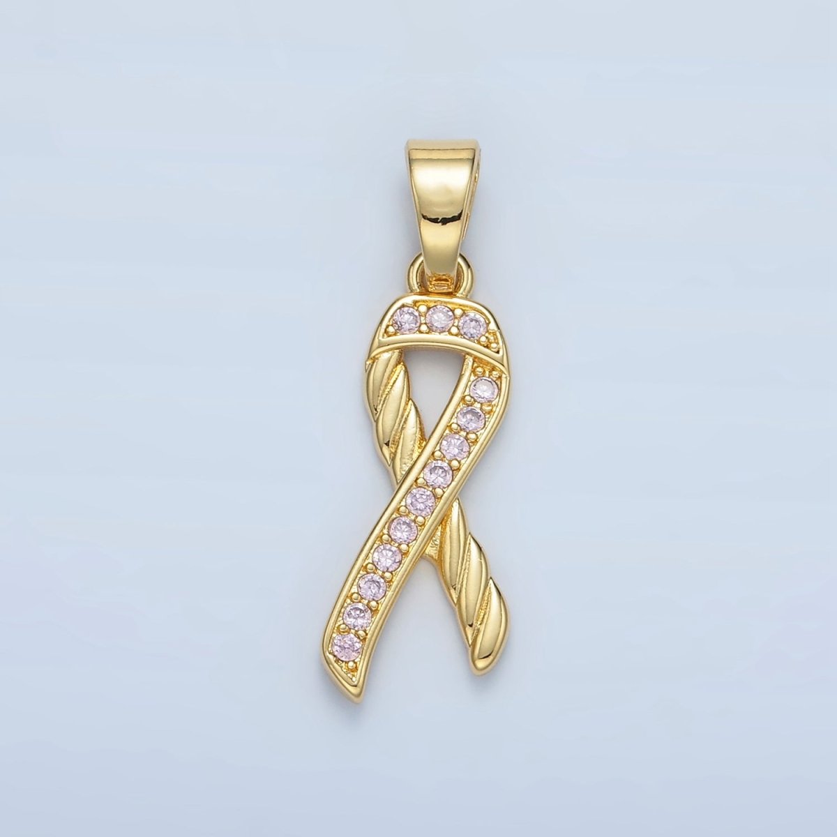 24K Gold Filled Breast Cancer Awareness Ribbon Pink Micro Paved CZ Pendant | I499